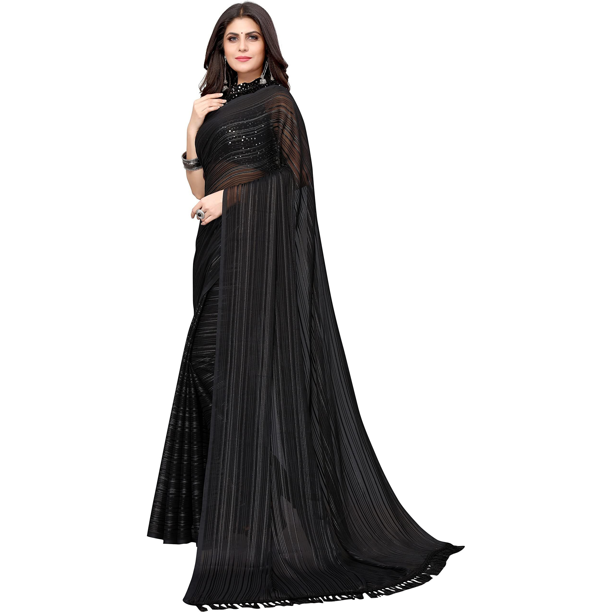 Yashika Womens Georgette Saree With Jari & Velvet Blouse with Sequence (RIVA BLACK-NEW_)