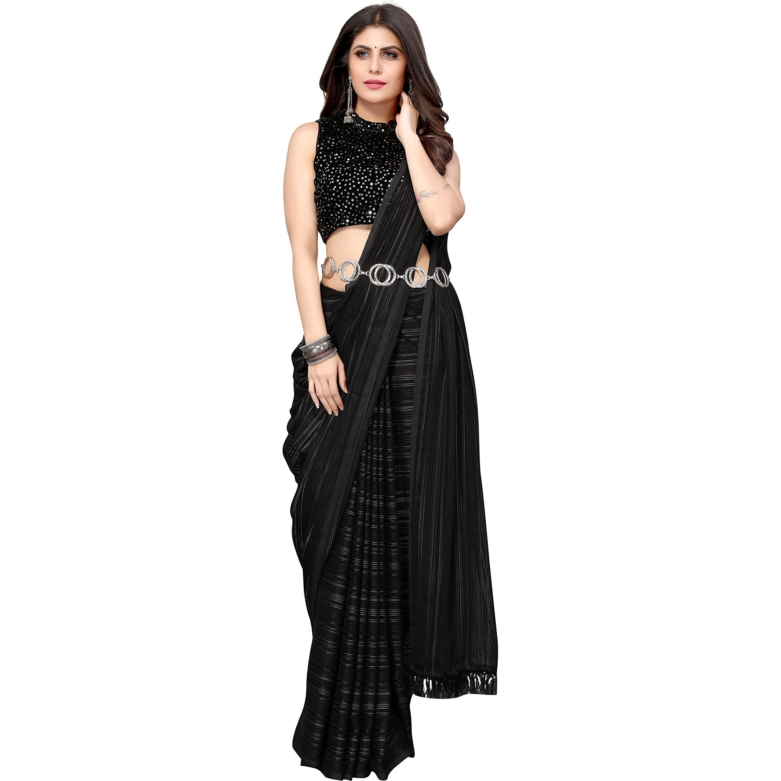 Yashika Womens Georgette Saree With Jari & Velvet Blouse with Sequence (RIVA BLACK-NEW_)