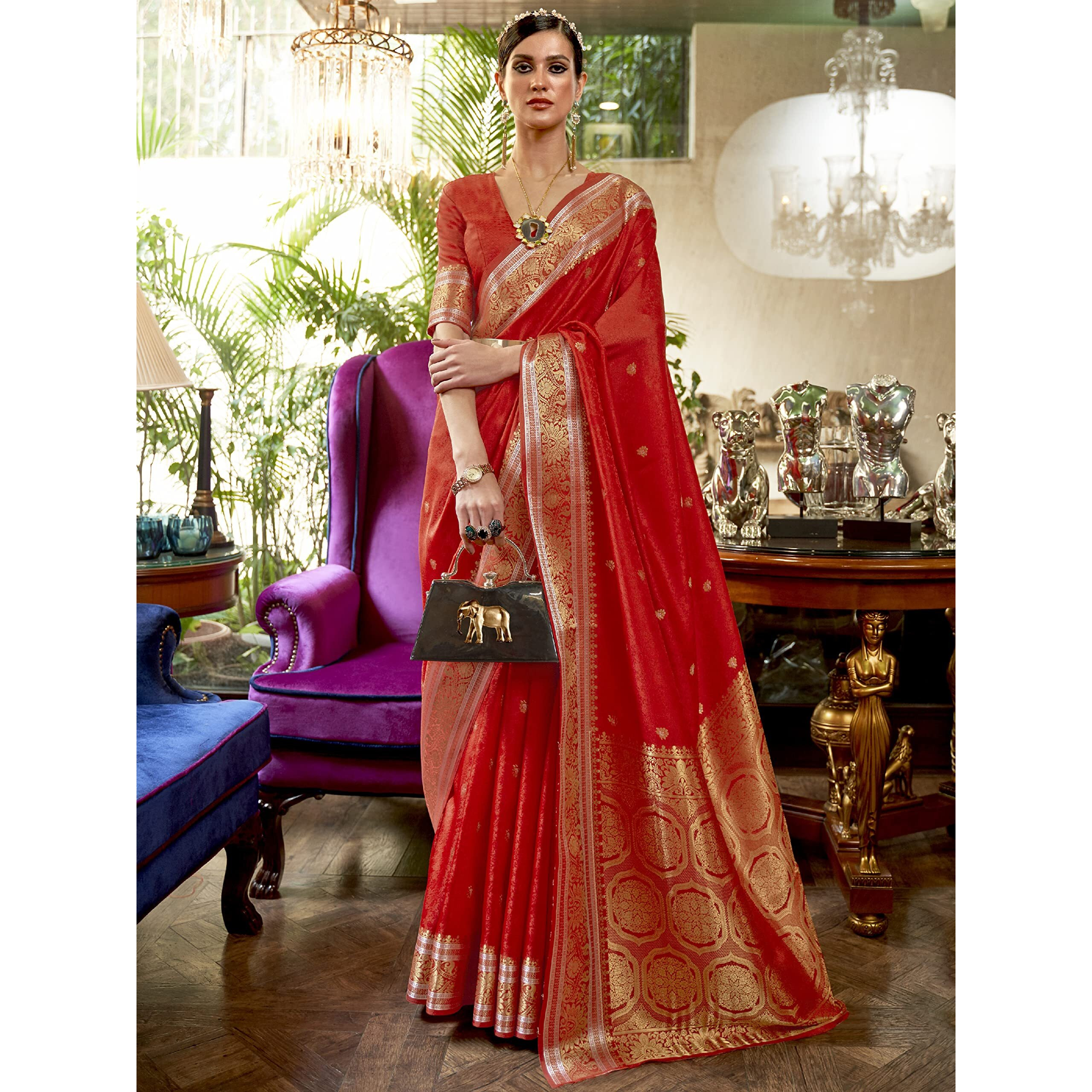 AKHILAM Womens Silk Blend Woven Design Saree with Unstitched Blouse Piece(Red_KLVI223003)