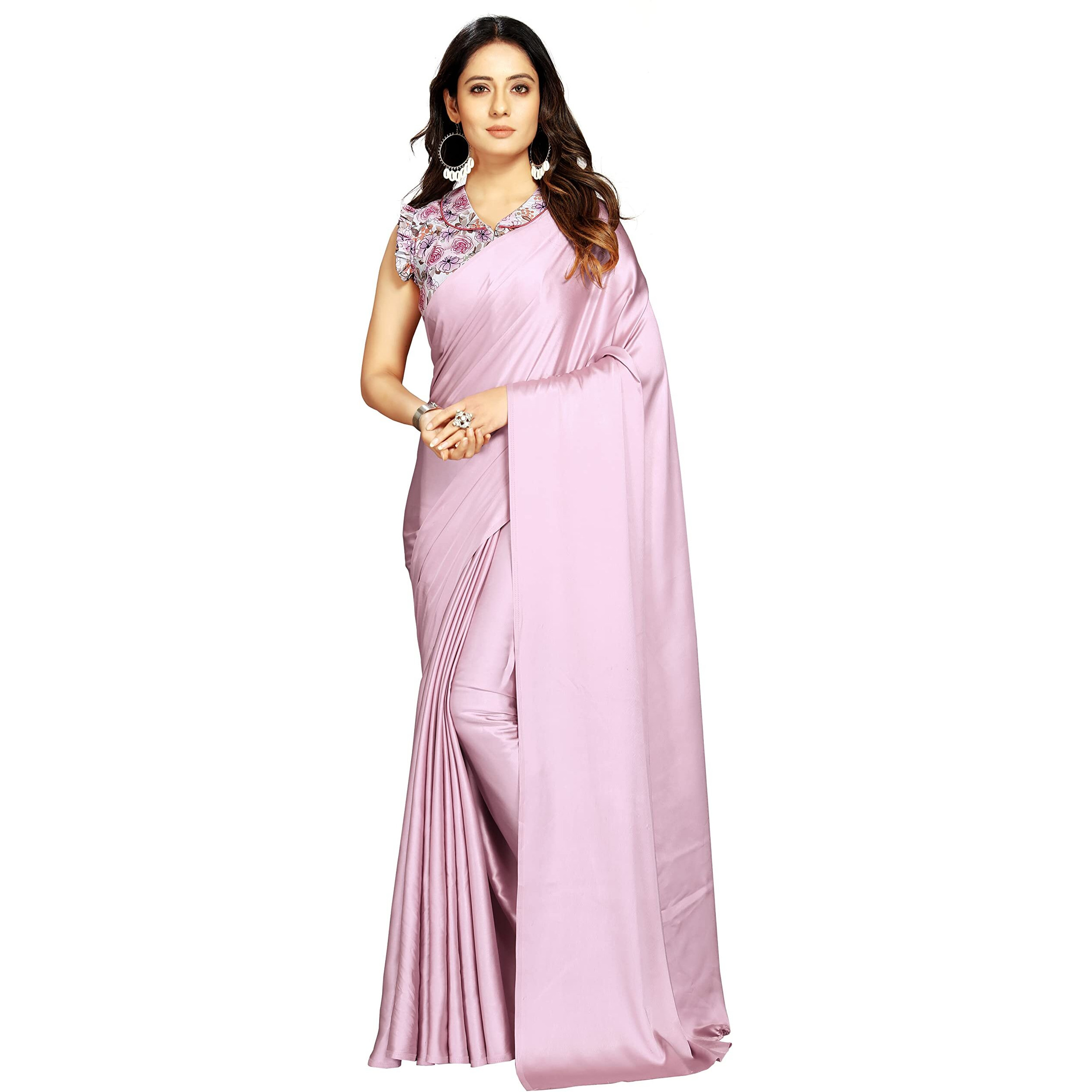 DHYANOM Womens Banarasi Rose Pink Satin Silk Plain Saree with Designer Blouse Piece Digital Printed (Rose Pink)