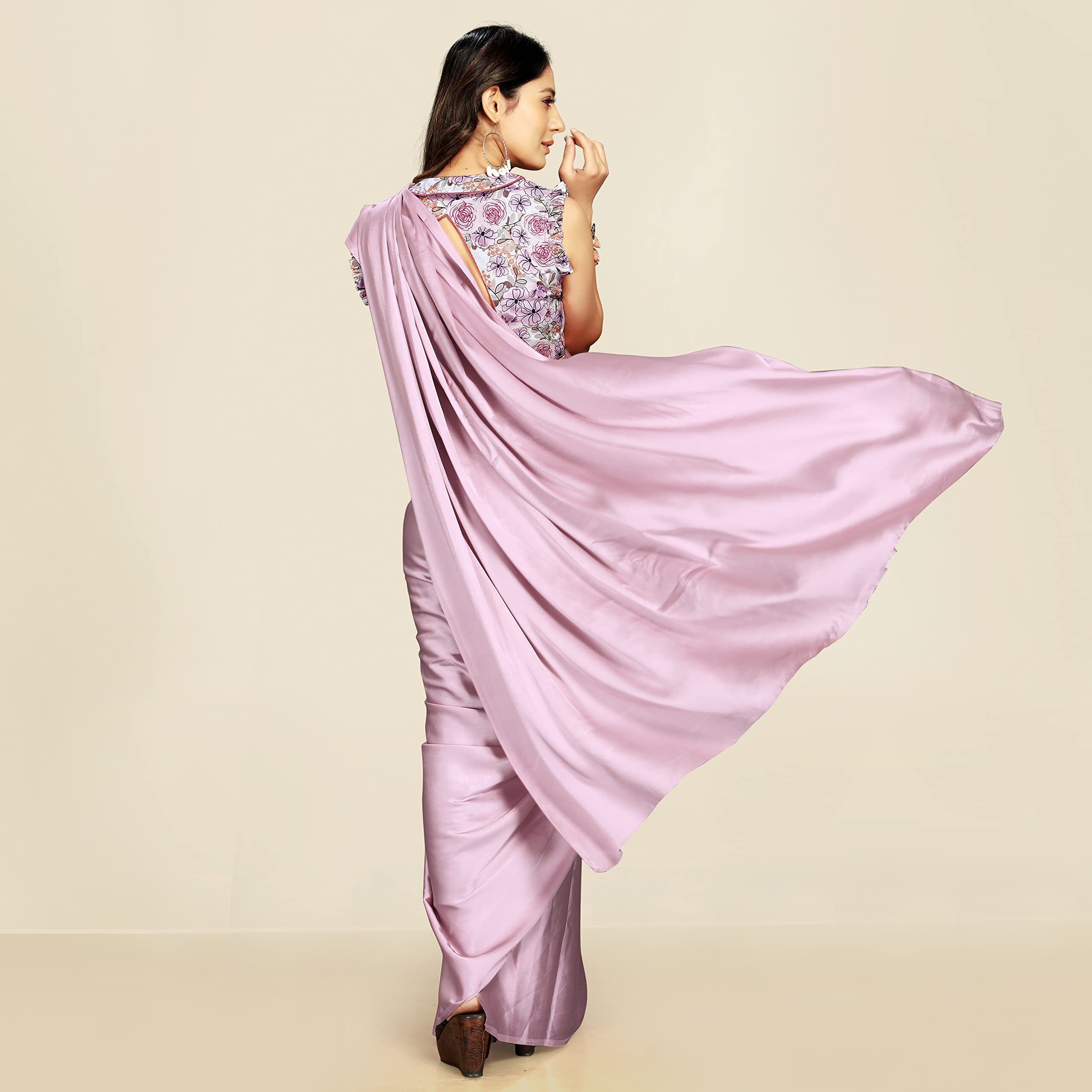DHYANOM Womens Banarasi Rose Pink Satin Silk Plain Saree with Designer Blouse Piece Digital Printed (Rose Pink)