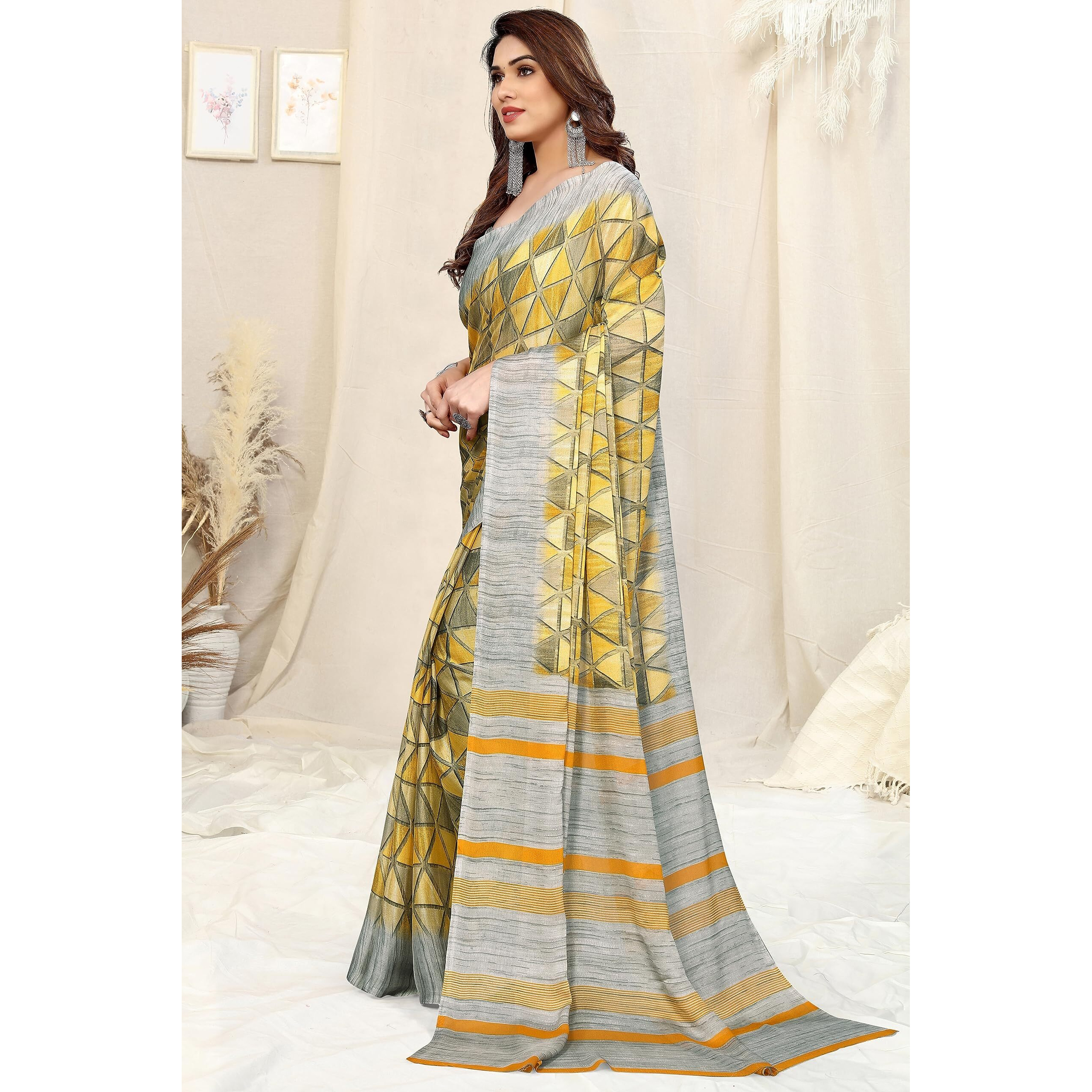 MIRCHI FASHION Womens Chiffon Geometric Printed Saree with Blouse Piece (39106-Yellow, Light Yellow)