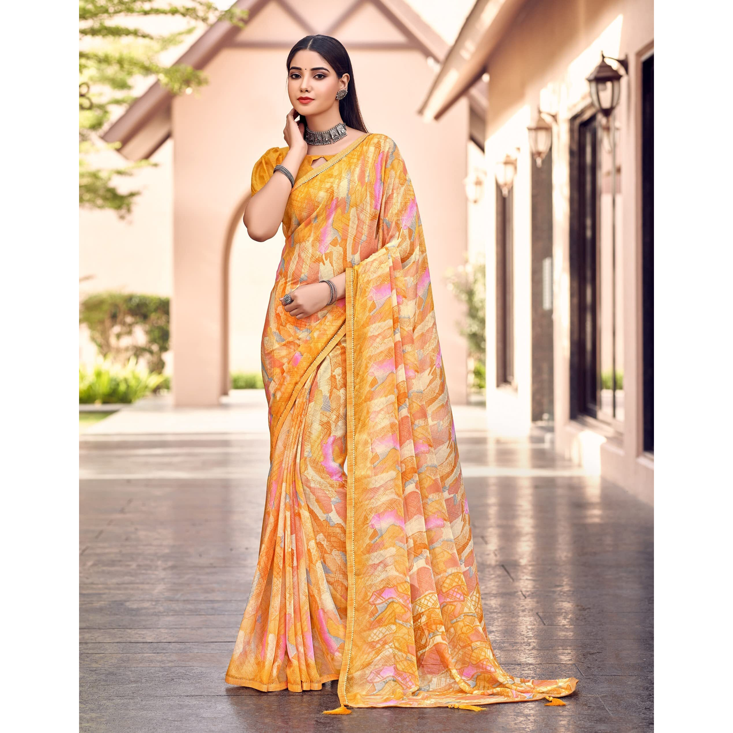 Amazon Brand - Anarva Womens Chiffon Printed Banarasi Border Saree With Blouse Piece(Savyaa-22802-A), Yellow