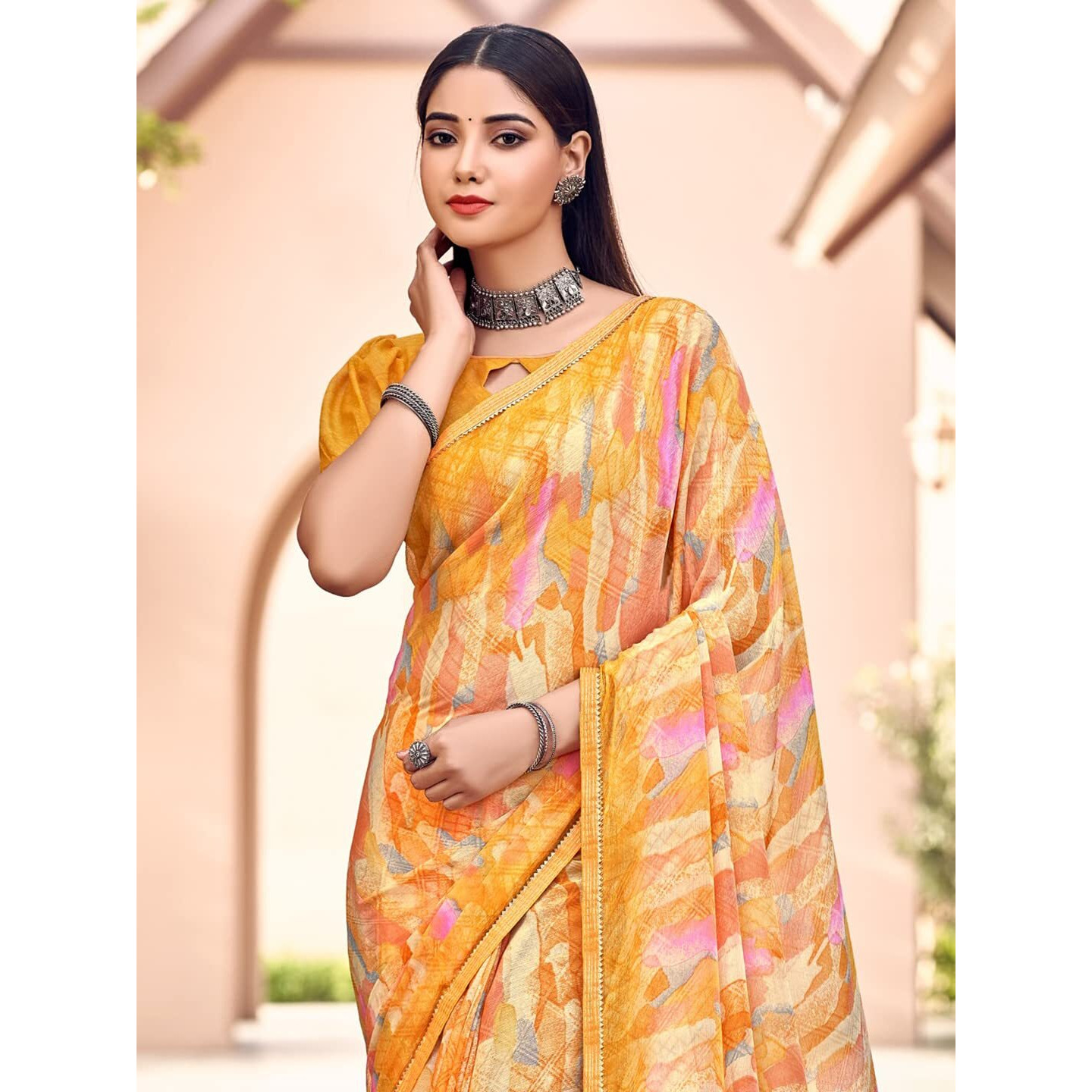 Amazon Brand - Anarva Womens Chiffon Printed Banarasi Border Saree With Blouse Piece(Savyaa-22802-A), Yellow