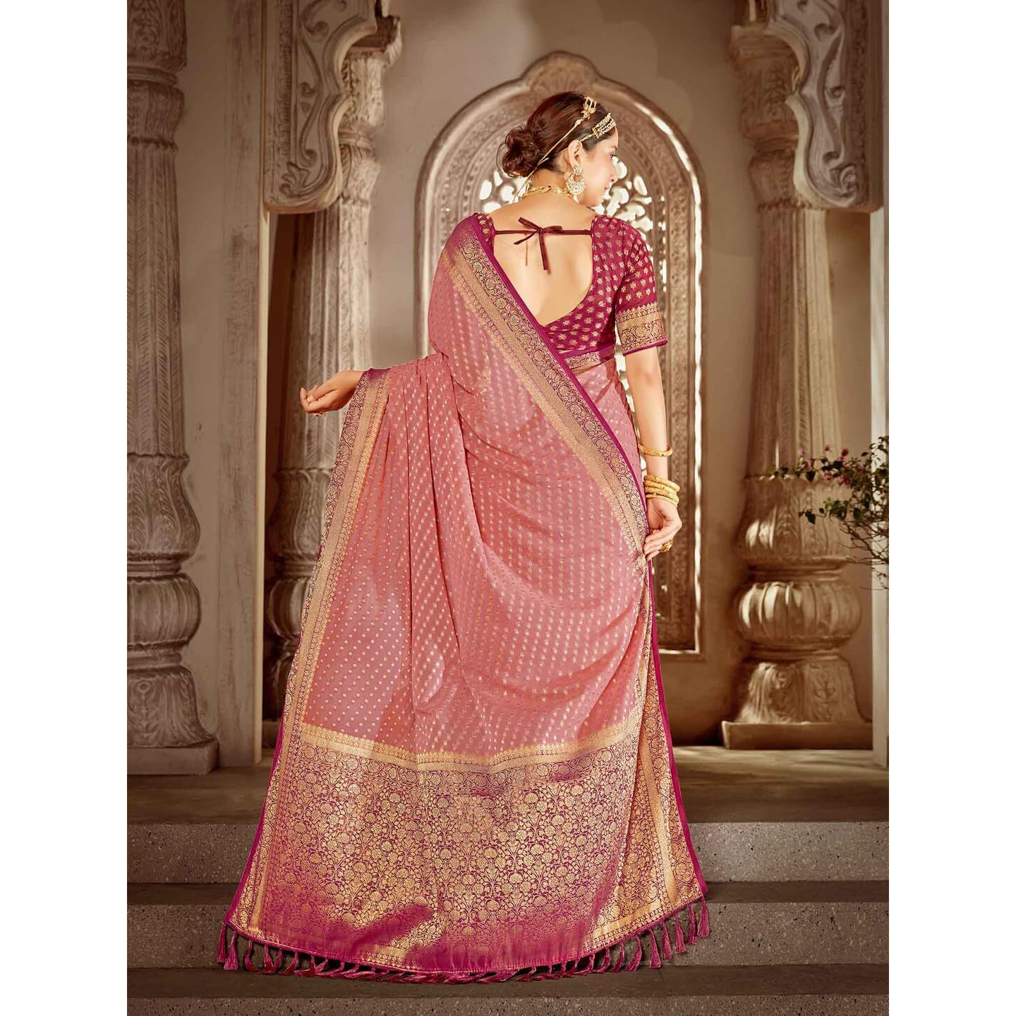 AKHILAM Womens Georgette Patola saree With Unstitched Blouse Piece(Pink_ARYA1001_FL)