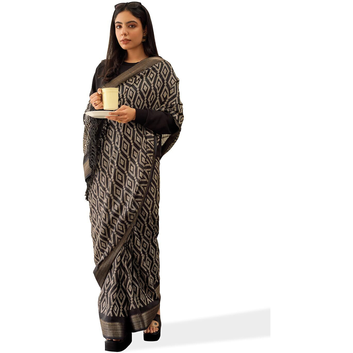 Womanista Womens Block Print Polycotton Ready to Wear Saree (TI5140_Black)