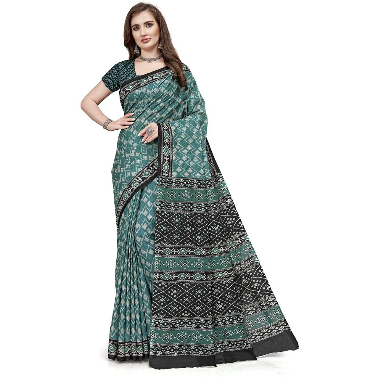 RATAN Pure Cotton Printed Mulmul Saree for Women with Blouse Piece (GDBT-BP-1040-TURQ)