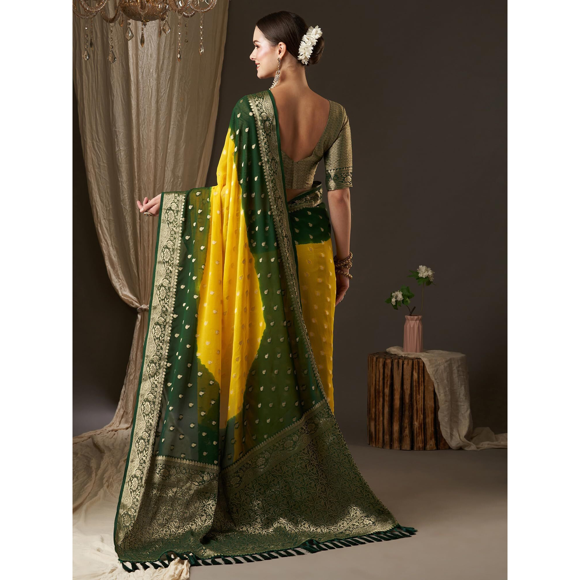 AKHILAM Womens Woven Design Ethnic Motif Georgette Kanjeevaram Saree With Unstiched Blouse Piece (Yellow_ARYA2003_FL)