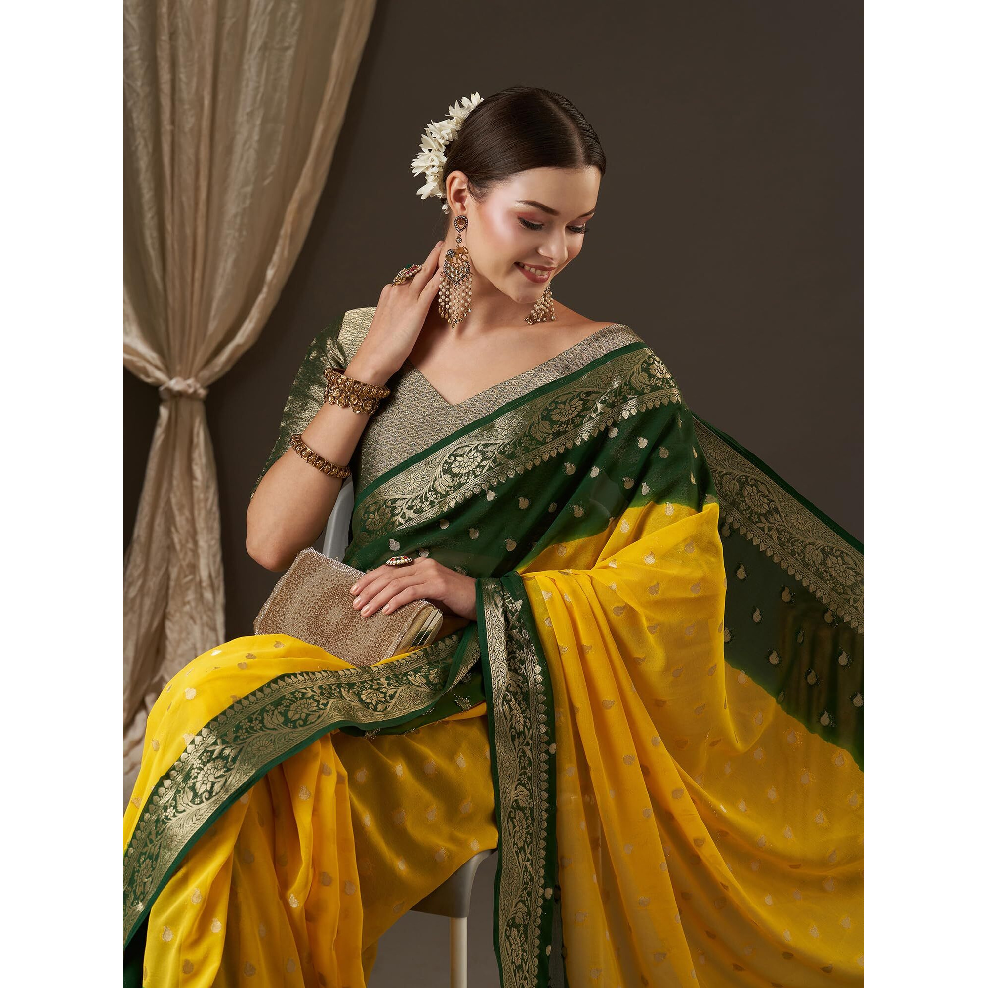 AKHILAM Womens Woven Design Ethnic Motif Georgette Kanjeevaram Saree With Unstiched Blouse Piece (Yellow_ARYA2003_FL)