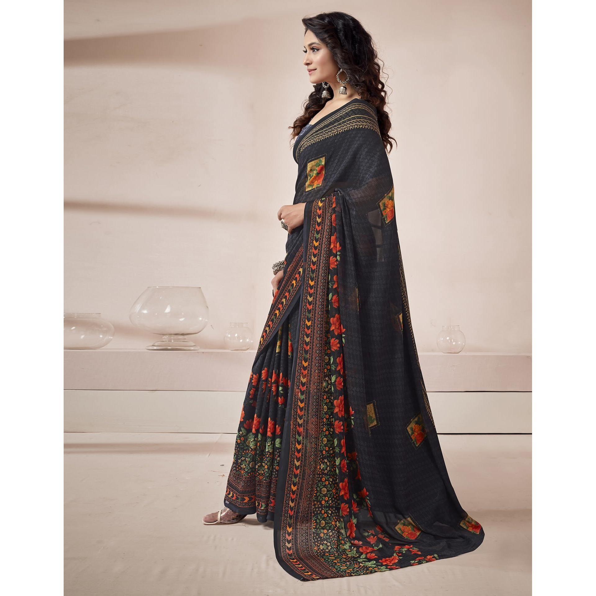 SIRIL Womens Georgette Floral Printed Saree With Unstitched Blouse Piece (3671S2577_Black)