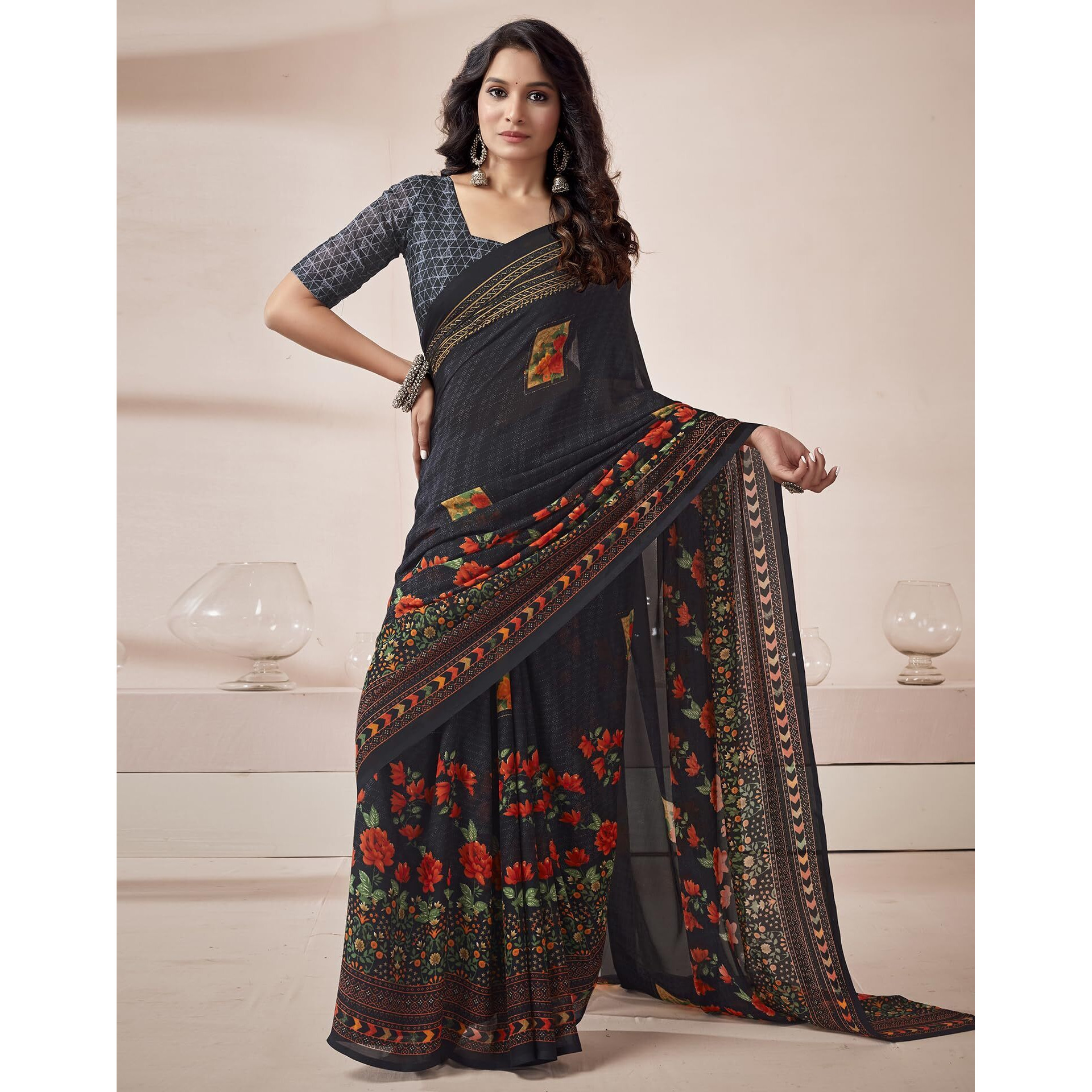 SIRIL Womens Georgette Floral Printed Saree With Unstitched Blouse Piece (3671S2577_Black)