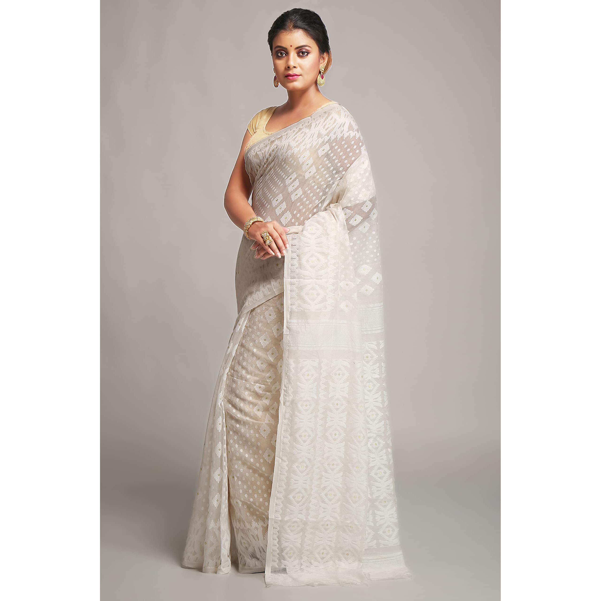 BENGAL HANDLOOM Exclusive Womens Cotton Silk Dhakai Allover Soft Jamdani Saree (White & White)