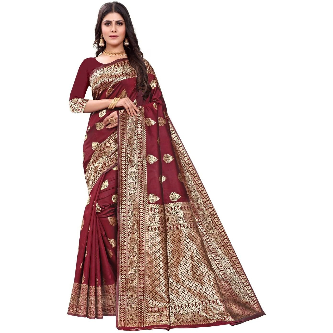 C J Enterprise Women Pure Kanjivaram Soft Silk Saree Banarasi Design Wear Pattu Sarees Latest Party Cotton Sari collections With Blouse Piece for Wedding sadi new ladies 2023 2024 (Pari120) (Maroon)