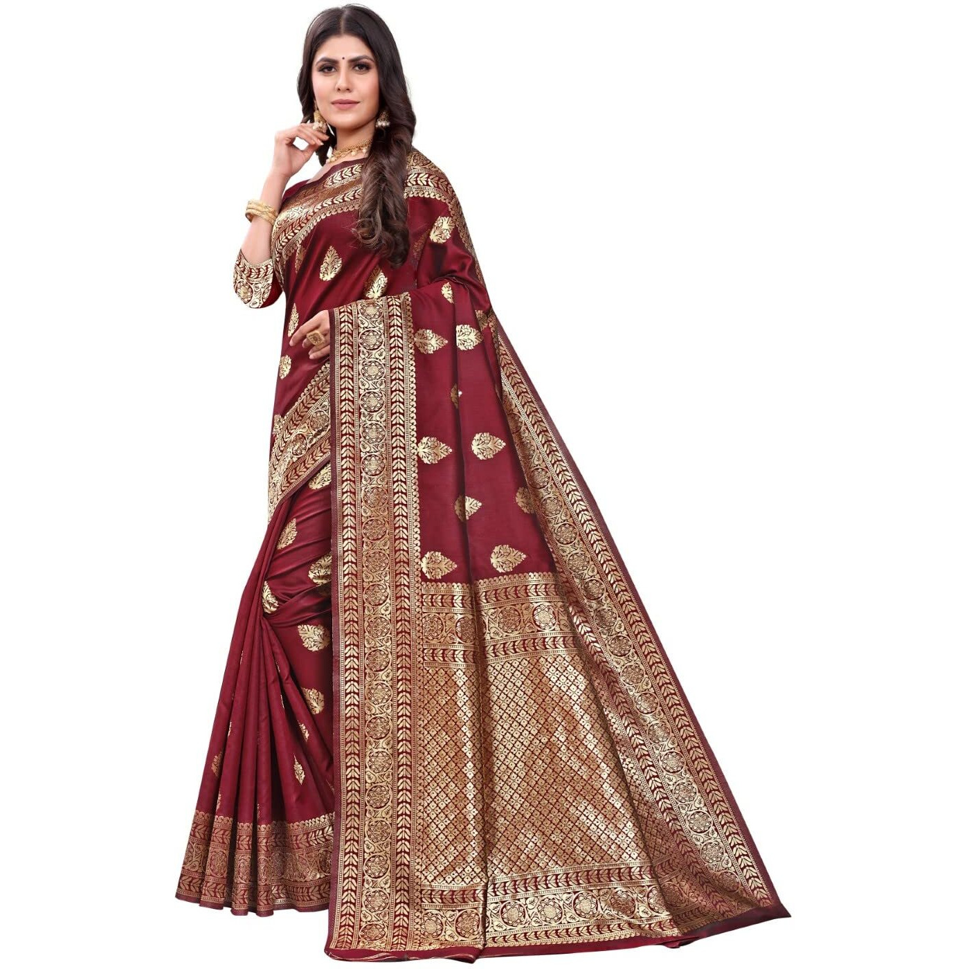 C J Enterprise Women Pure Kanjivaram Soft Silk Saree Banarasi Design Wear Pattu Sarees Latest Party Cotton Sari collections With Blouse Piece for Wedding sadi new ladies 2023 2024 (Pari120) (Maroon)