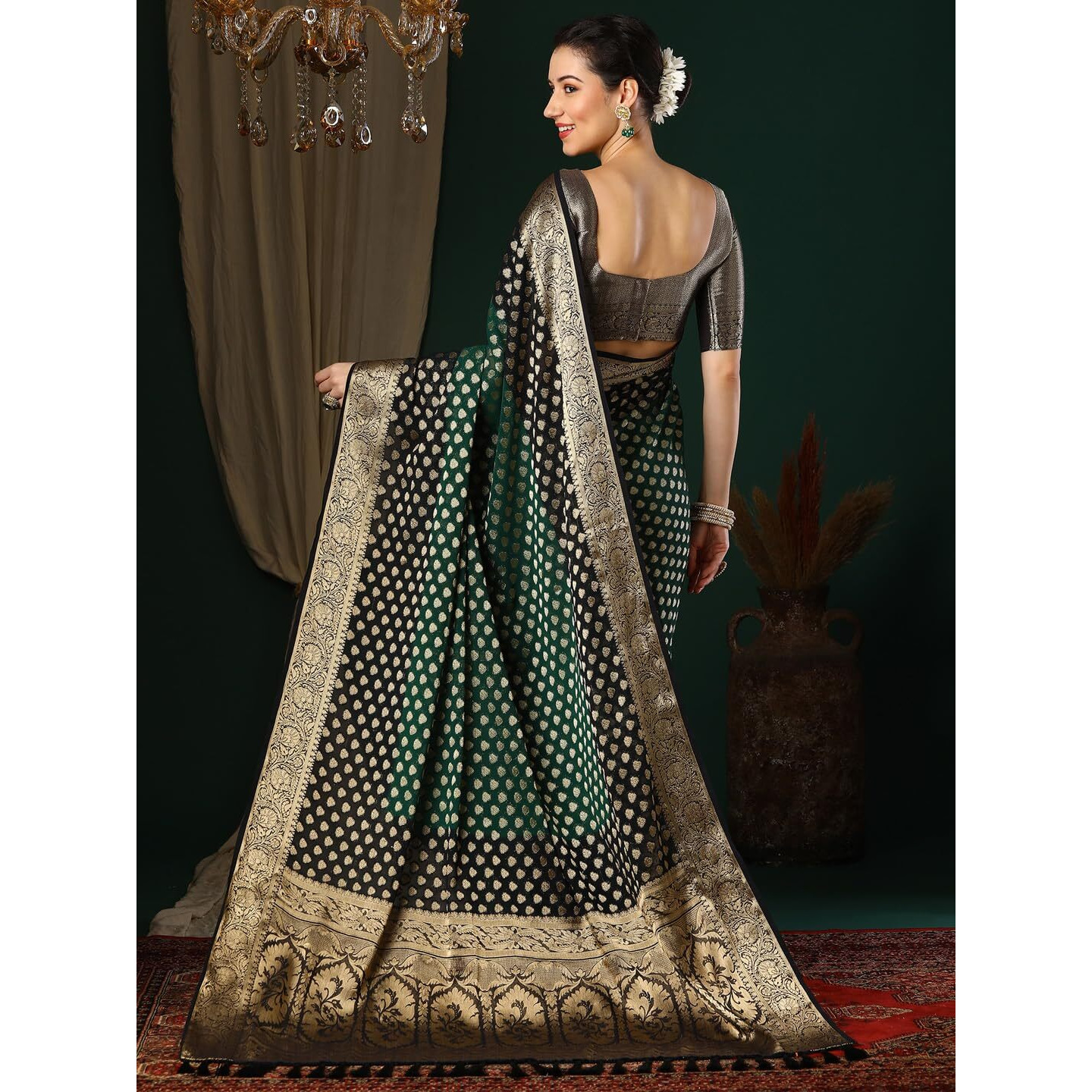 AKHILAM Womens Green Georgette Zari Woven Design Saree with Unstitched Blouse Piece (ARYA2704_FL)