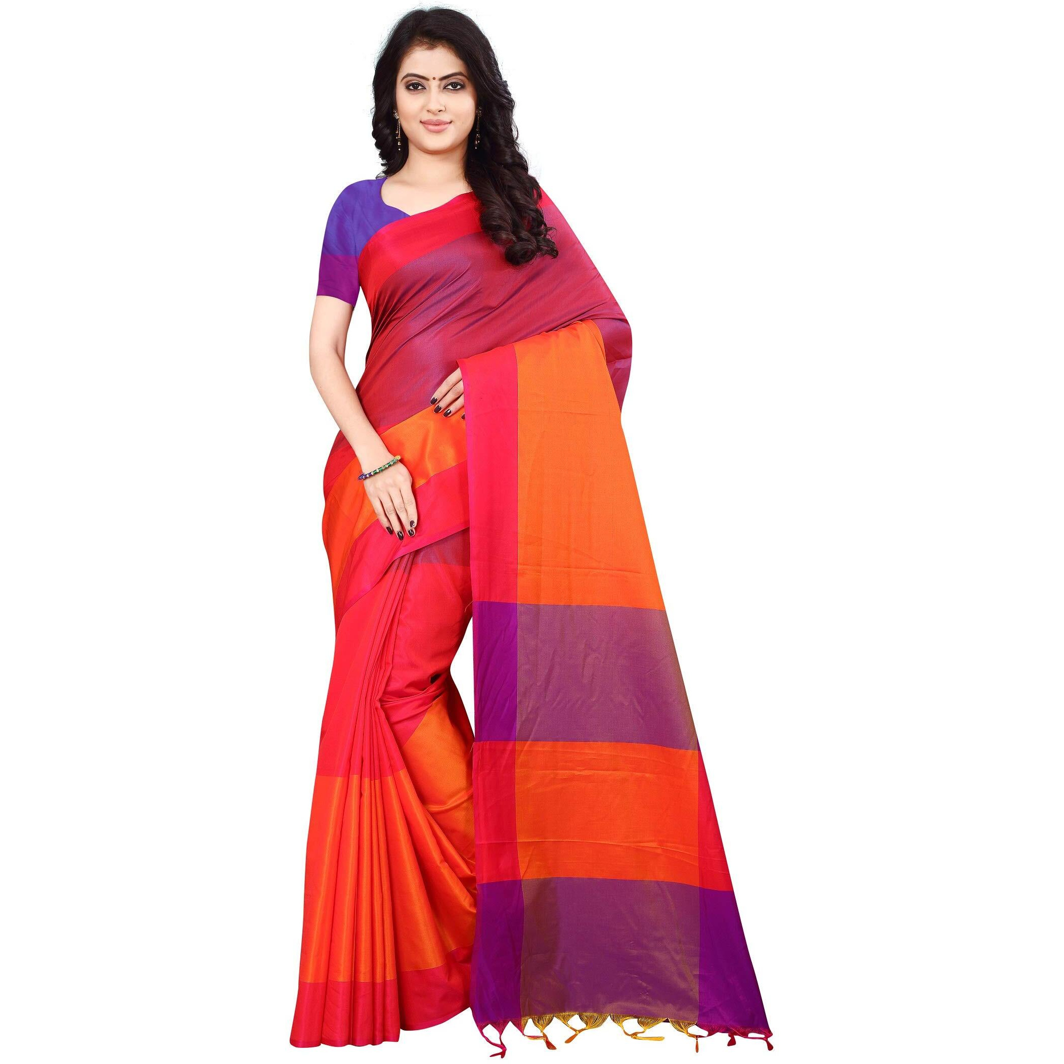 Leriya Fashion Womens Cotton Silk Saree (Free Size) (Dark Orange)