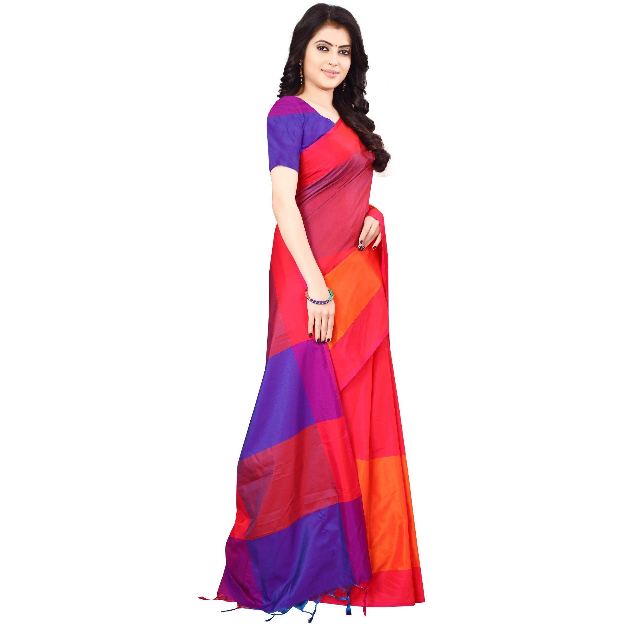 Leriya Fashion Womens Cotton Silk Saree (Free Size) (Dark Orange)