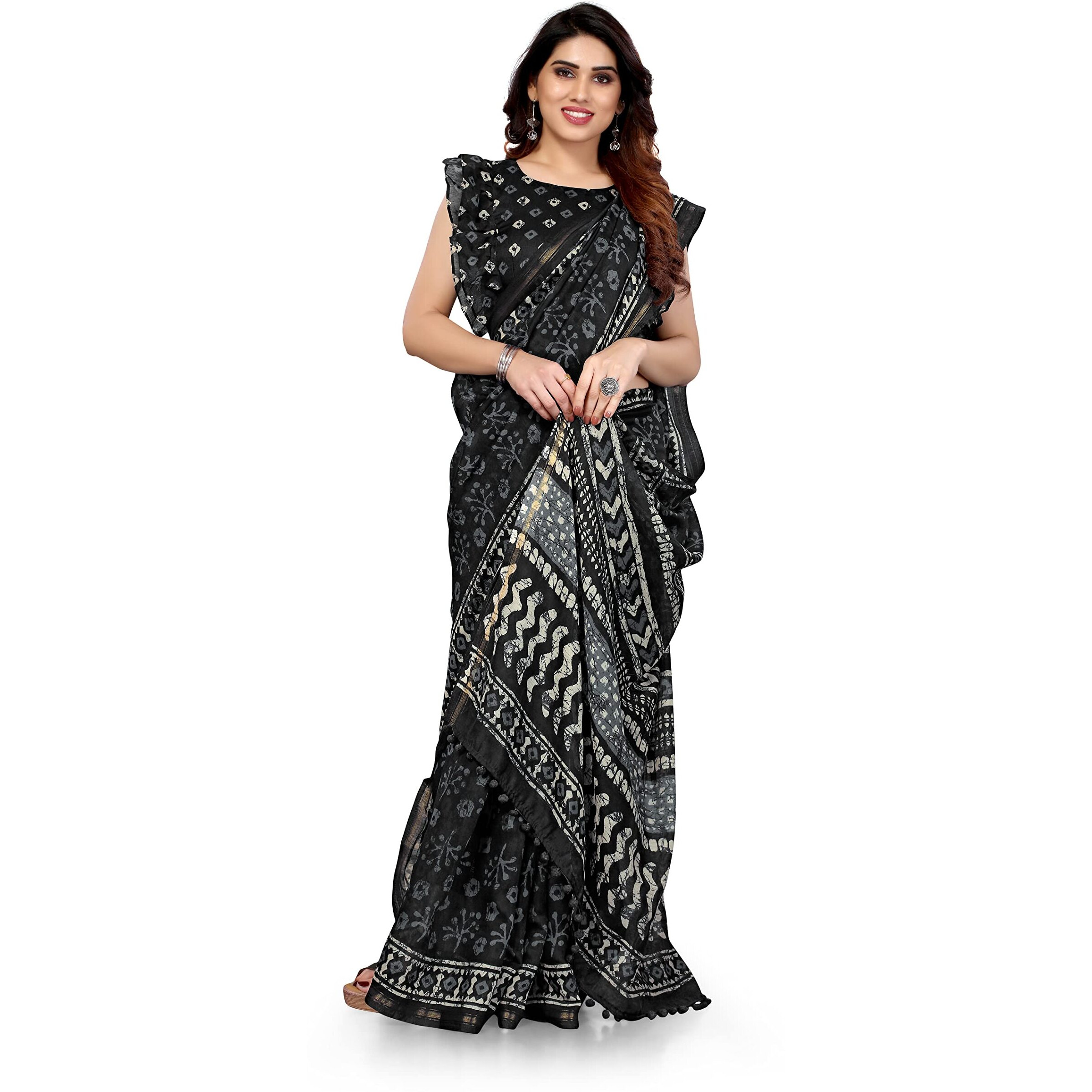 MIRCHI FASHION Womens Plain Weave Cotton Blend Batik Printed Saree with Blouse Piece (36495-Black)