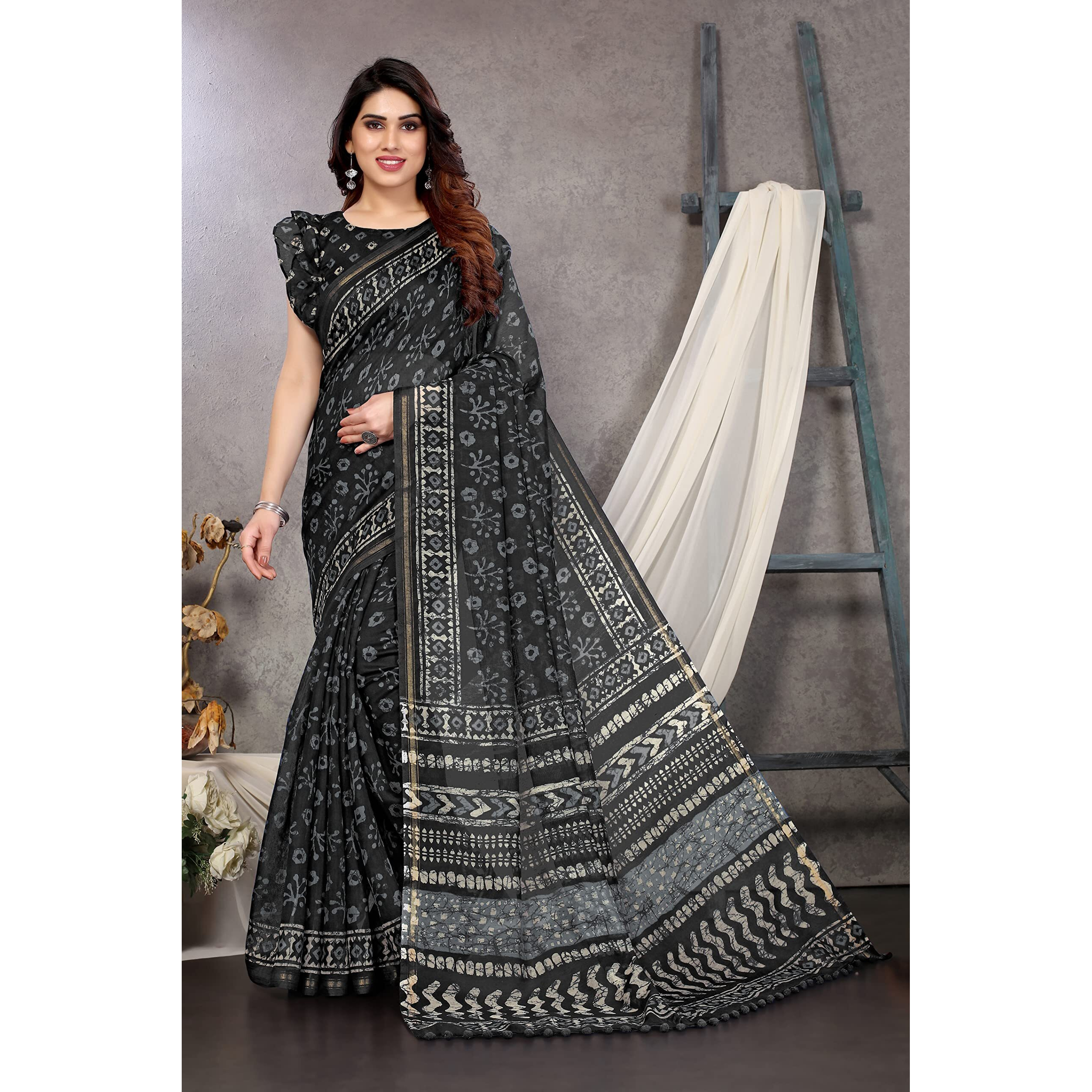 MIRCHI FASHION Womens Plain Weave Cotton Blend Batik Printed Saree with Blouse Piece (36495-Black)