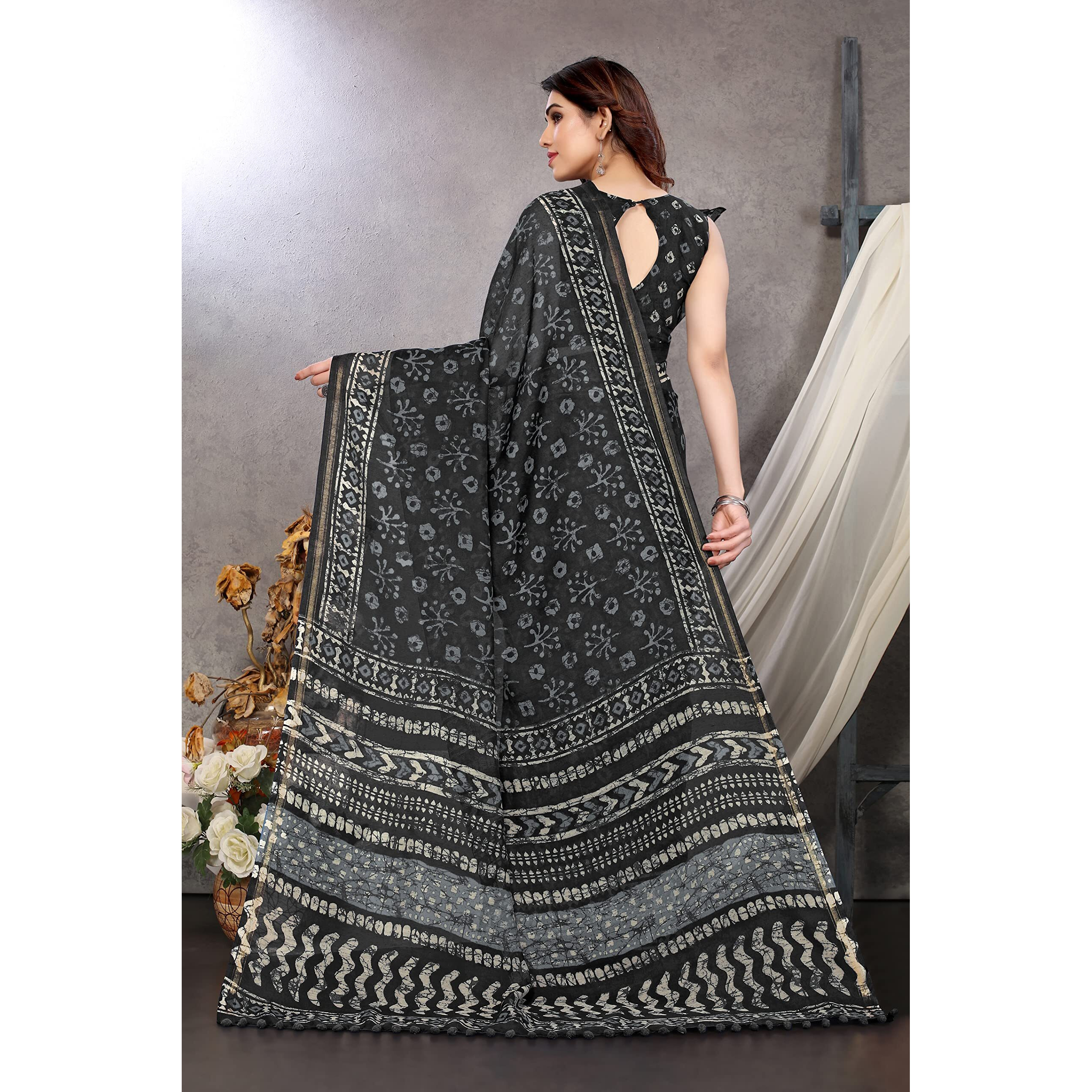 MIRCHI FASHION Womens Plain Weave Cotton Blend Batik Printed Saree with Blouse Piece (36495-Black)