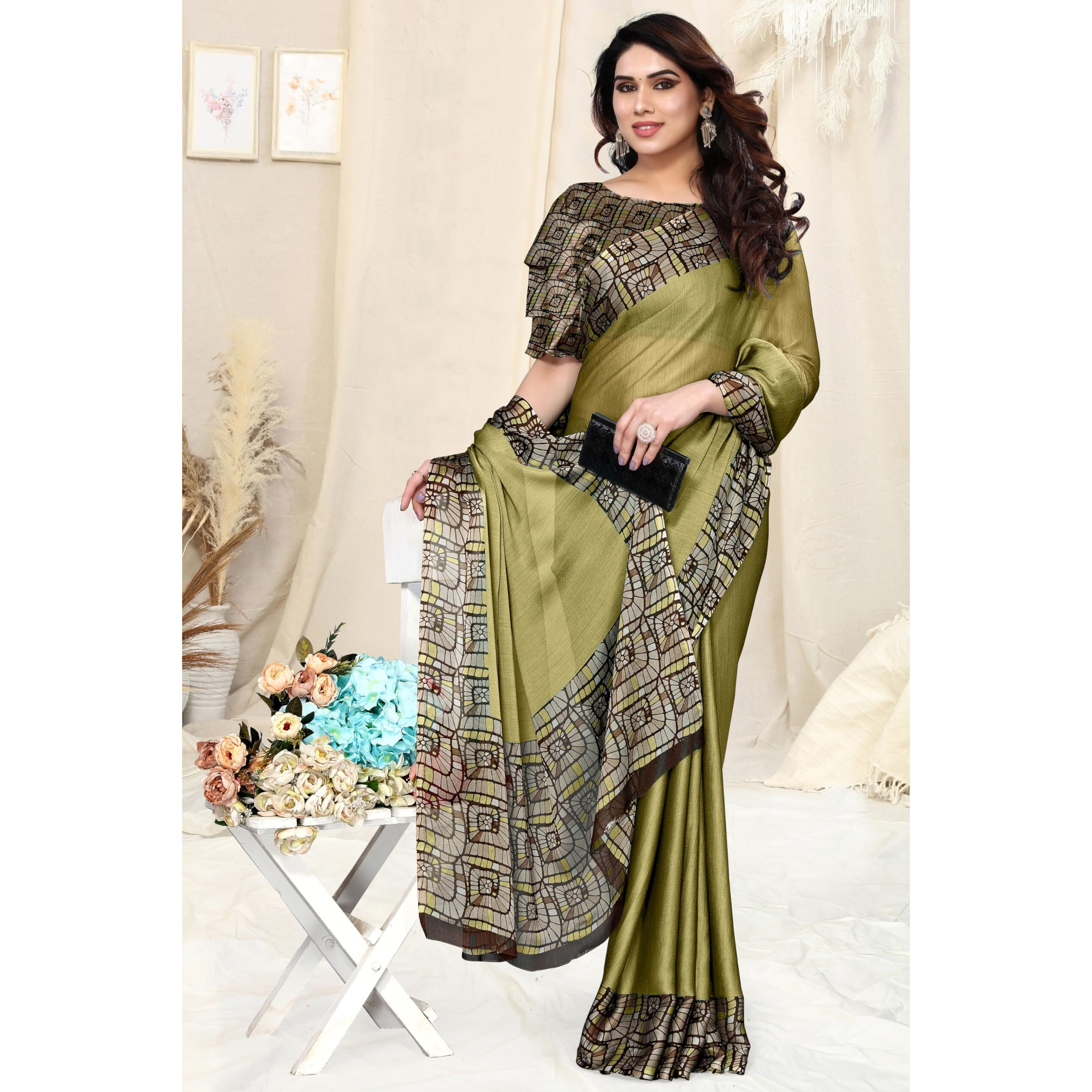 MIRCHI FASHION Womens Chiffon Contrast Border Printed Solid Saree with Blouse Piece (39701-Light Green)