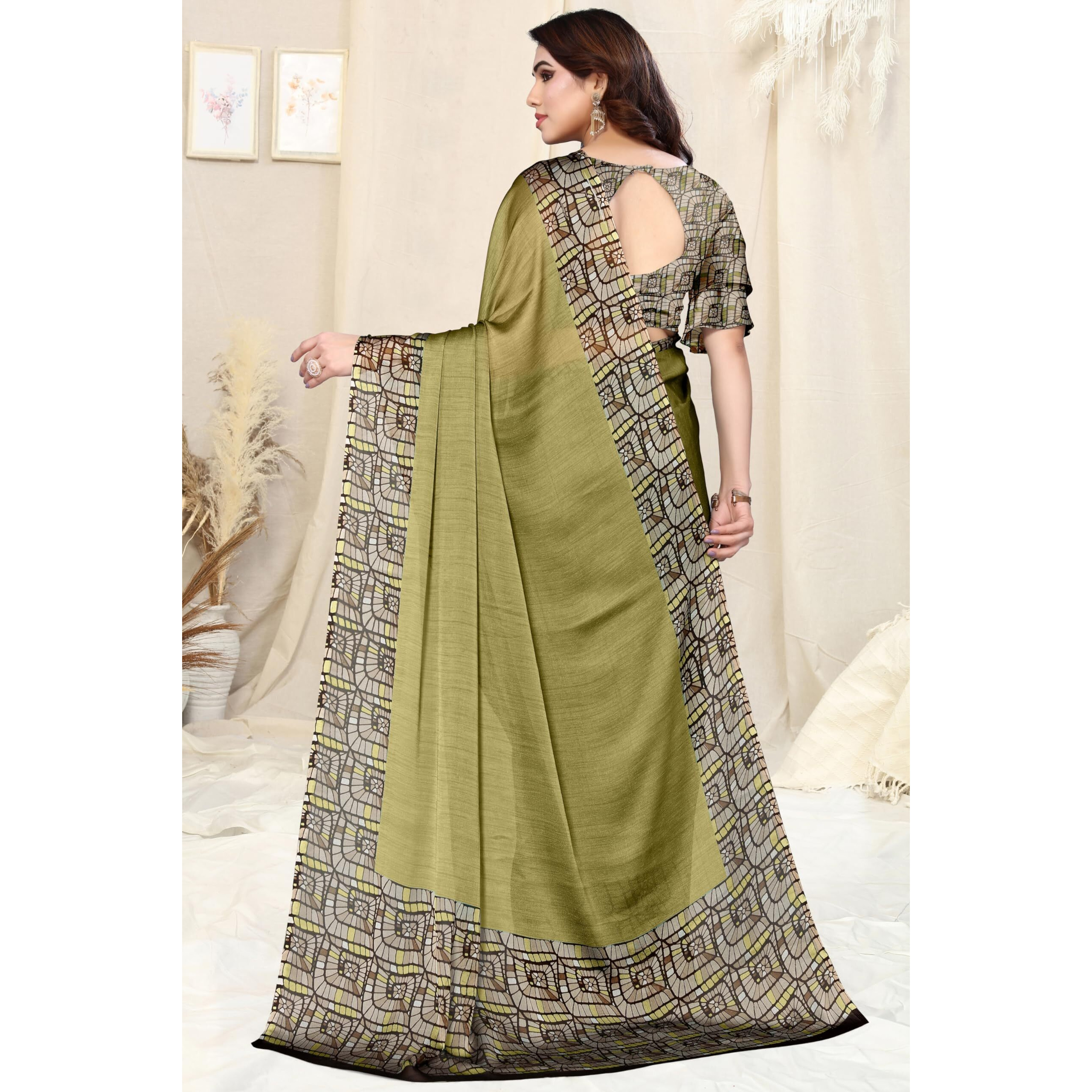 MIRCHI FASHION Womens Chiffon Contrast Border Printed Solid Saree with Blouse Piece (39701-Light Green)
