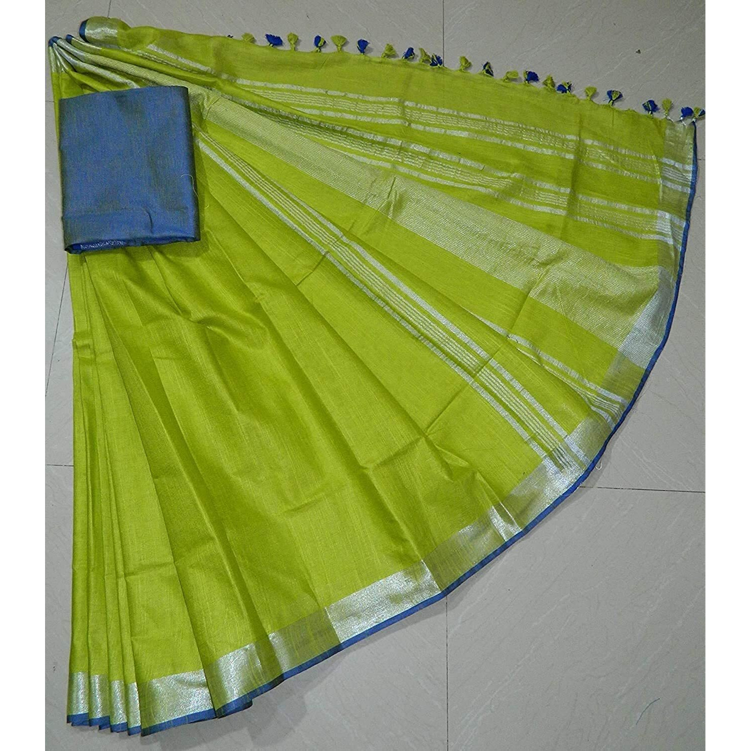 maatara handloom Womens Linen Saree With Blouse Piece (Green)