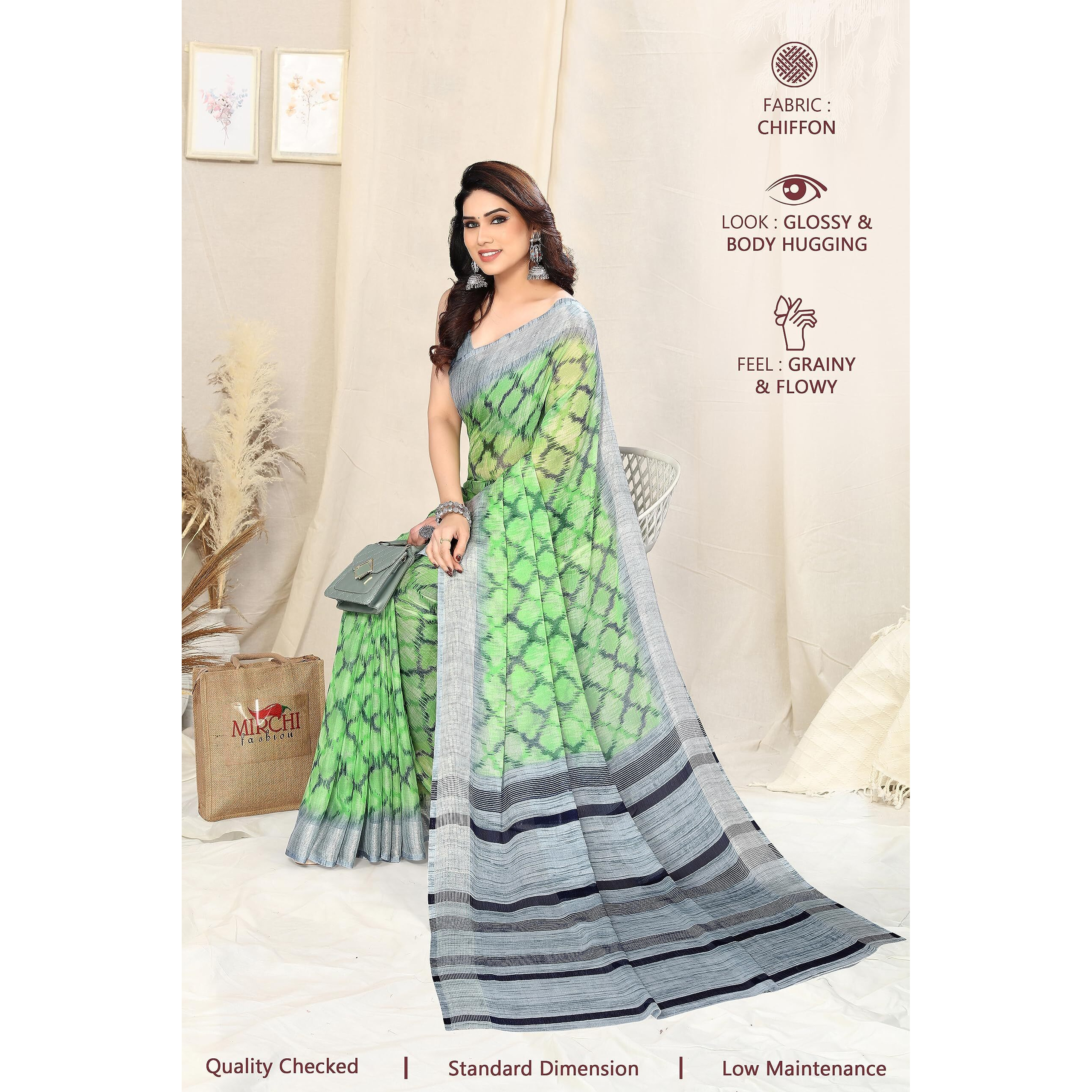 MIRCHI FASHION Womens Jacquard Chiffon Stripe Ikkat Printed Saree with Blouse Piece (38761-Light Green, Grey)