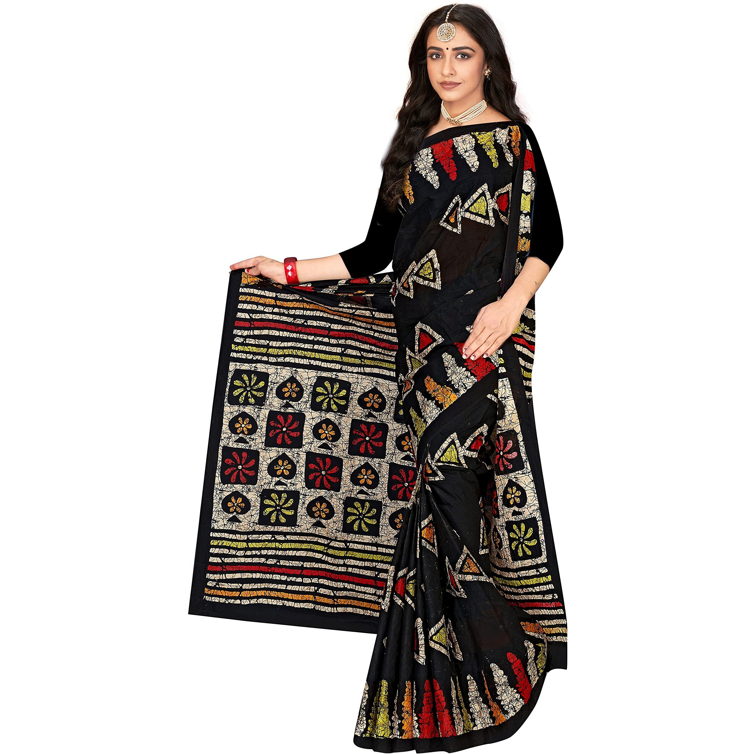 TAMAIRA FASHION Womens Plain Weave Pure Cotton Saree Without Blouse Piece(AB13_Black)