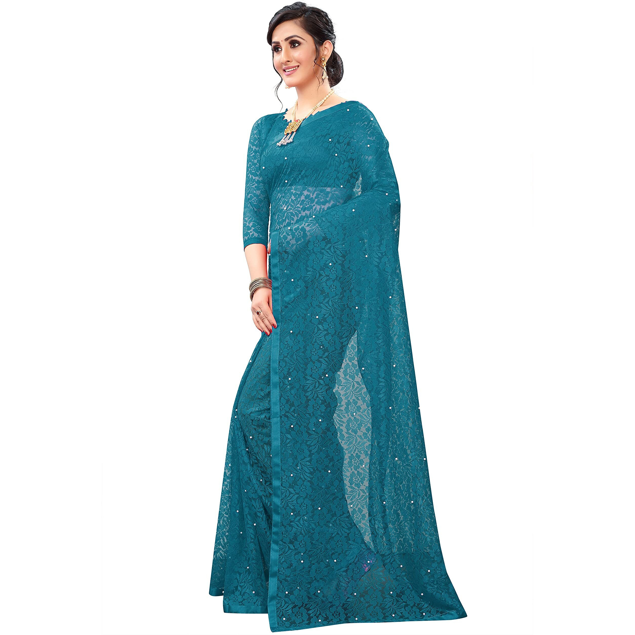 LOROFY Womens Net Saree (With Blouse_Free Size) (RamaGreen)