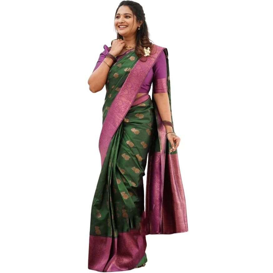SGF11 Womens Kanjivaram Soft Lichi Silk Saree With Blouse Piece (Dark Green Pink)