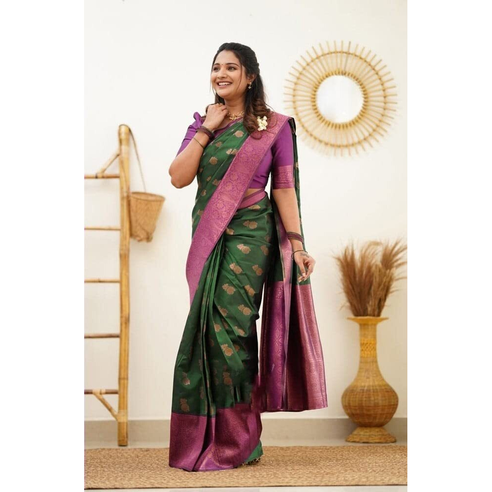 SGF11 Womens Kanjivaram Soft Lichi Silk Saree With Blouse Piece (Dark Green Pink)
