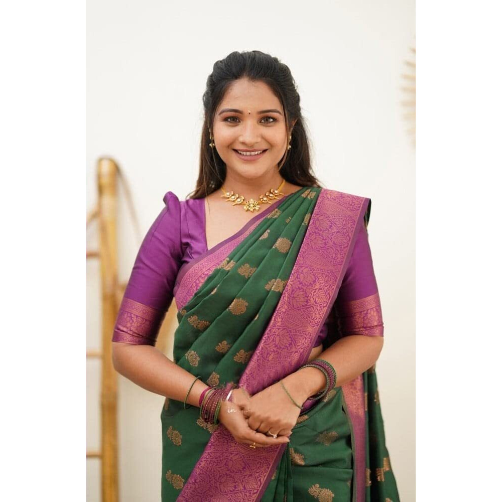 SGF11 Womens Kanjivaram Soft Lichi Silk Saree With Blouse Piece (Dark Green Pink)