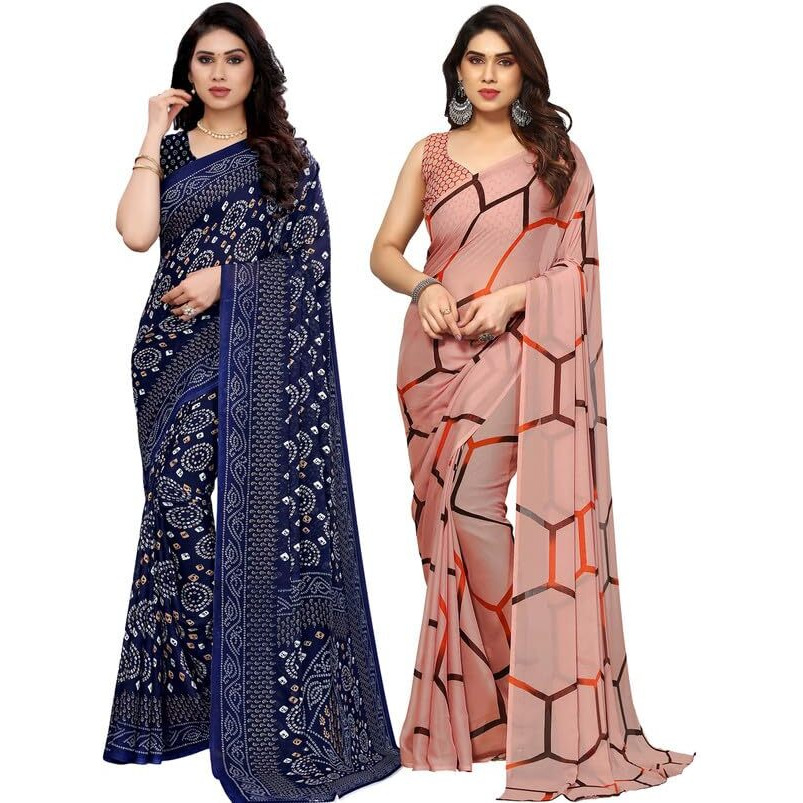 Satrani Womens Pure Georgette Saree (2041S575N_3112S2154N_Navy Blue | Light Brown)
