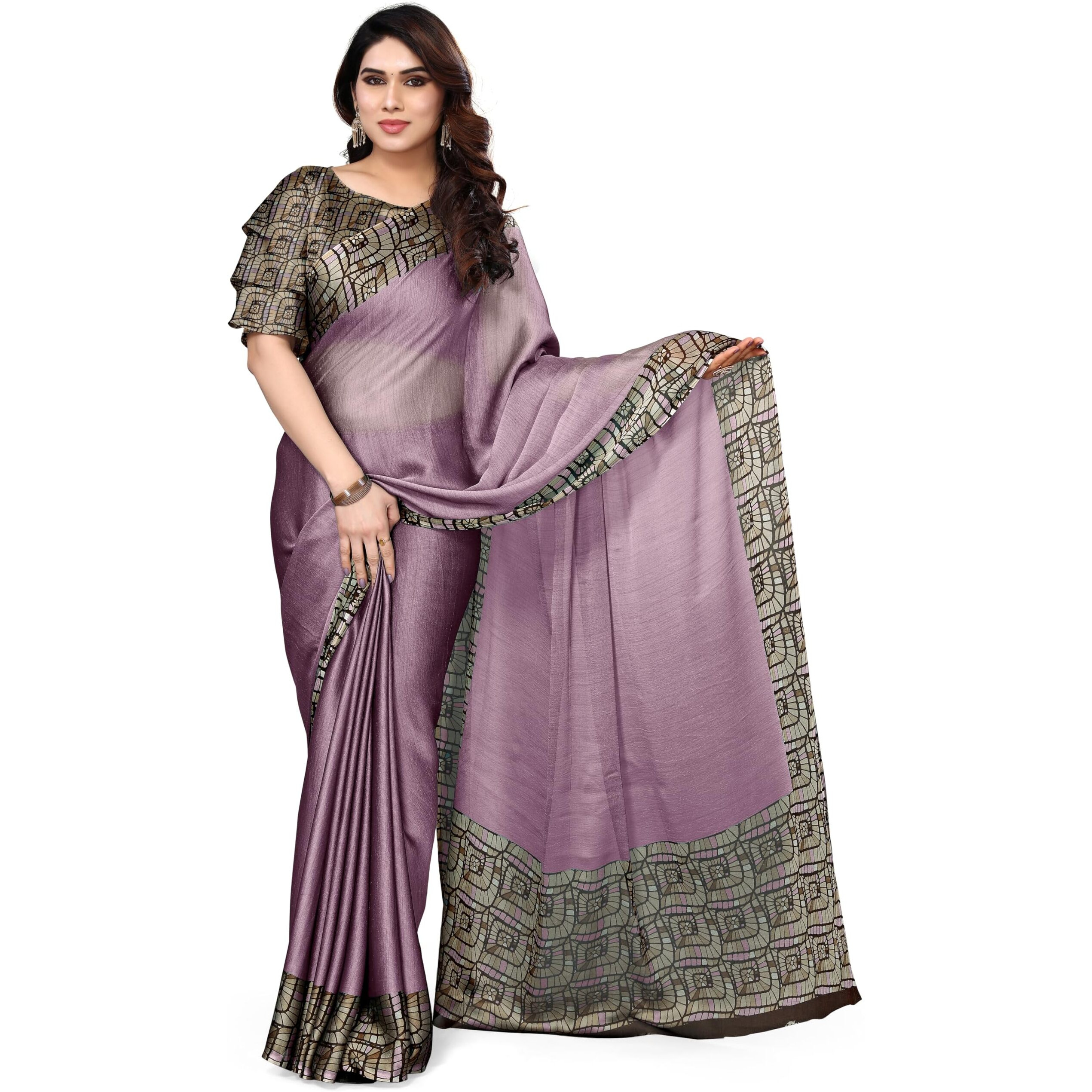MIRCHI FASHION Womens Chiffon Contrast Border Printed Solid Saree with Blouse Piece (39702-Dusty Purple)
