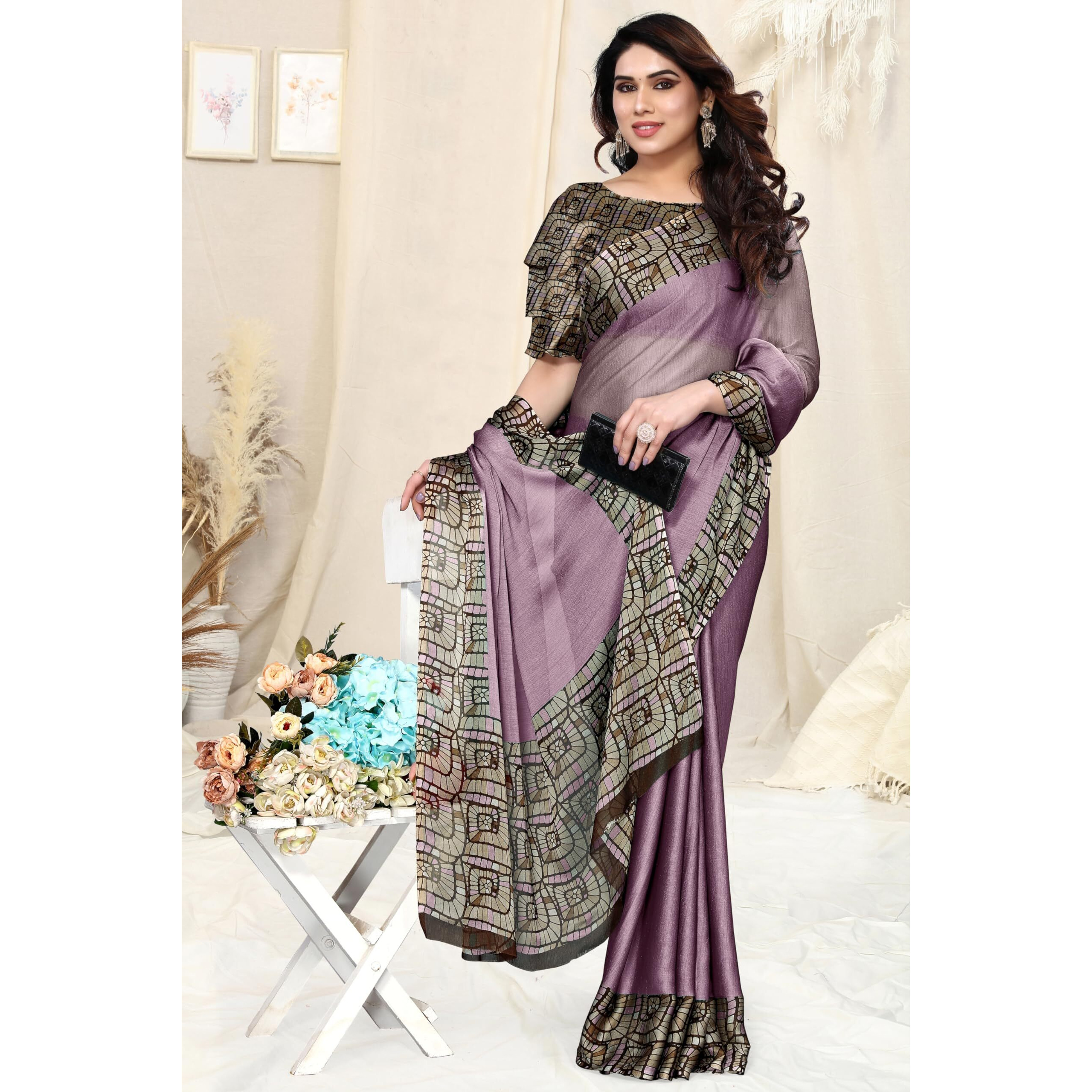 MIRCHI FASHION Womens Chiffon Contrast Border Printed Solid Saree with Blouse Piece (39702-Dusty Purple)