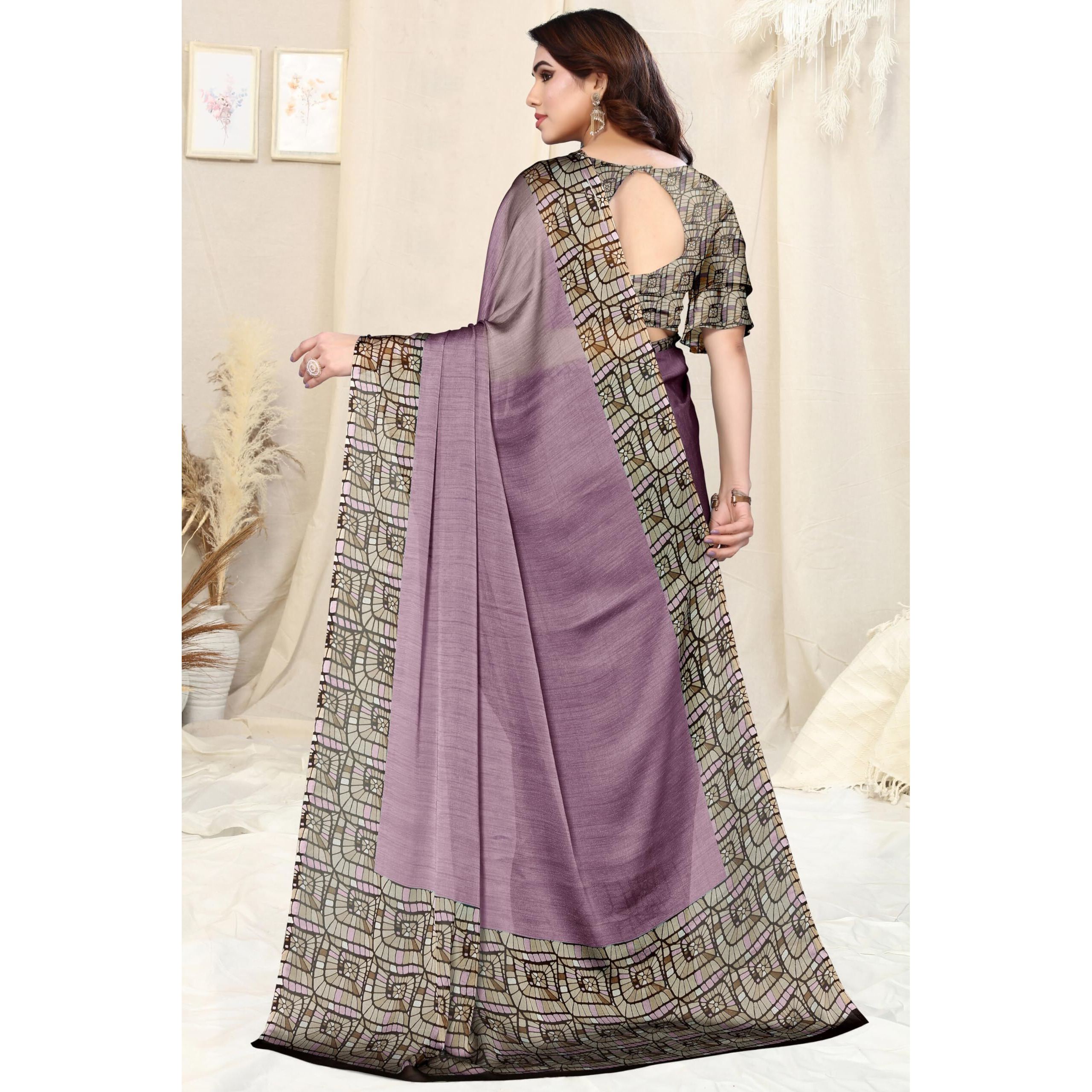 MIRCHI FASHION Womens Chiffon Contrast Border Printed Solid Saree with Blouse Piece (39702-Dusty Purple)