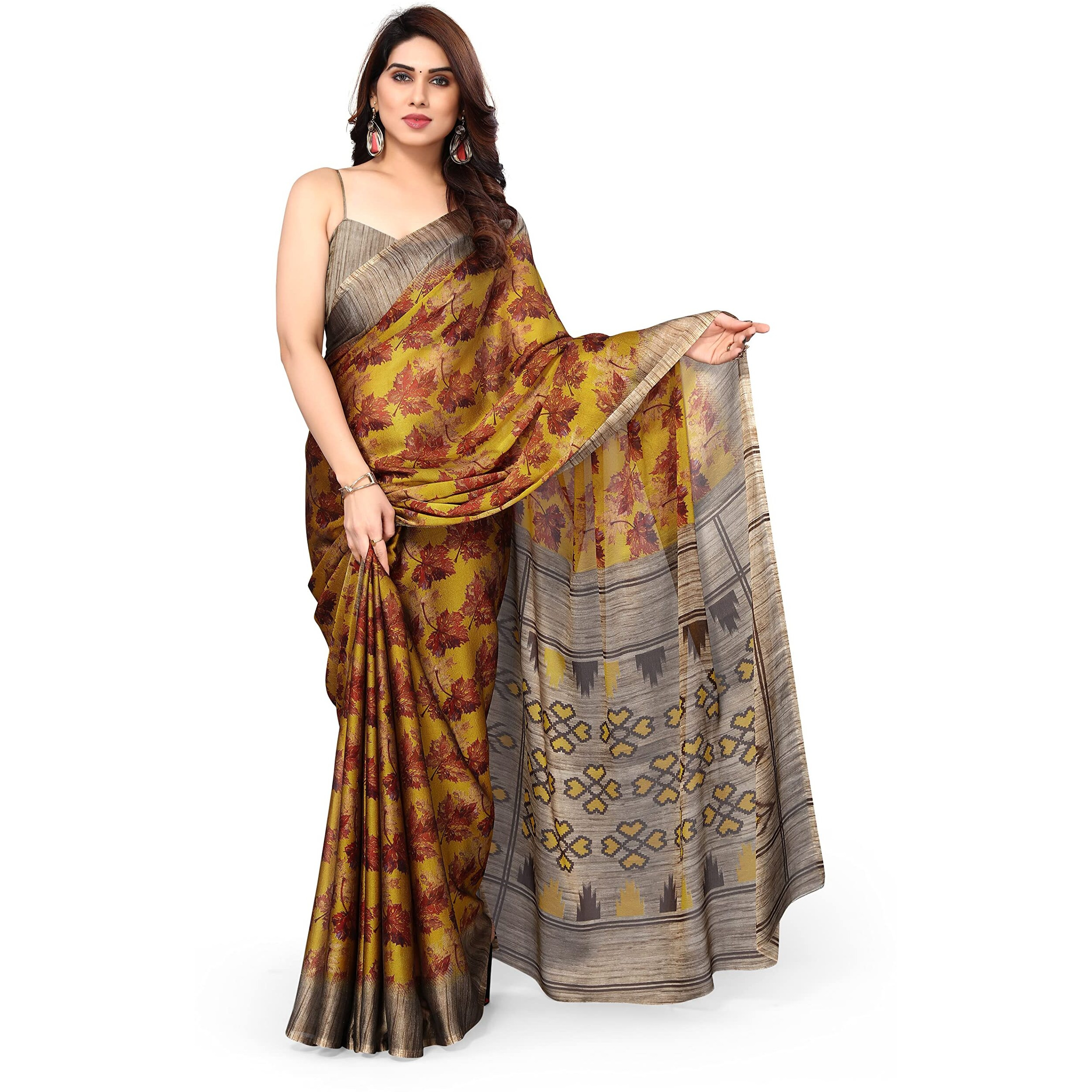 MIRCHI FASHION Womens Plain Weave Chiffon Ikkat Leaf Print Saree with Blouse Piece (38241-Mustard, Rust)