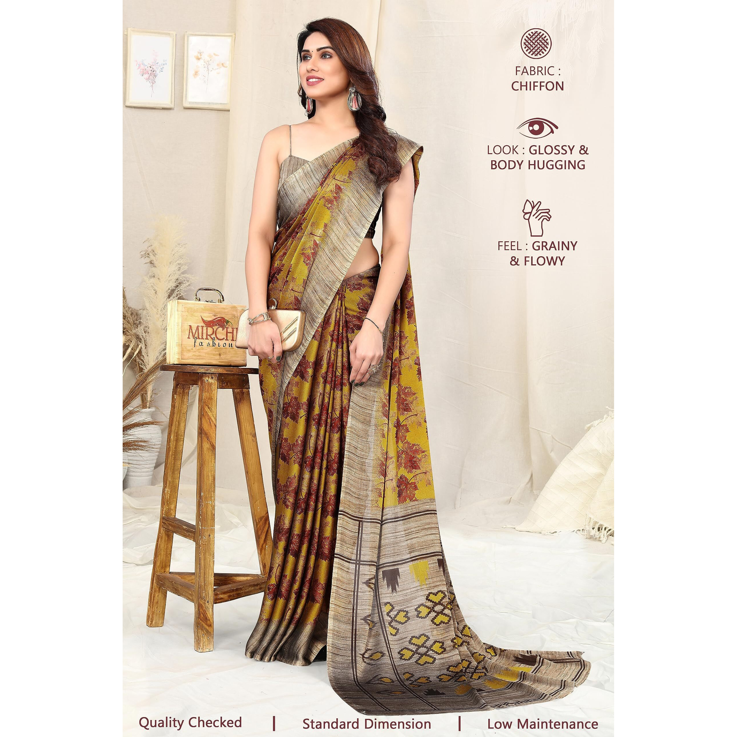 MIRCHI FASHION Womens Plain Weave Chiffon Ikkat Leaf Print Saree with Blouse Piece (38241-Mustard, Rust)