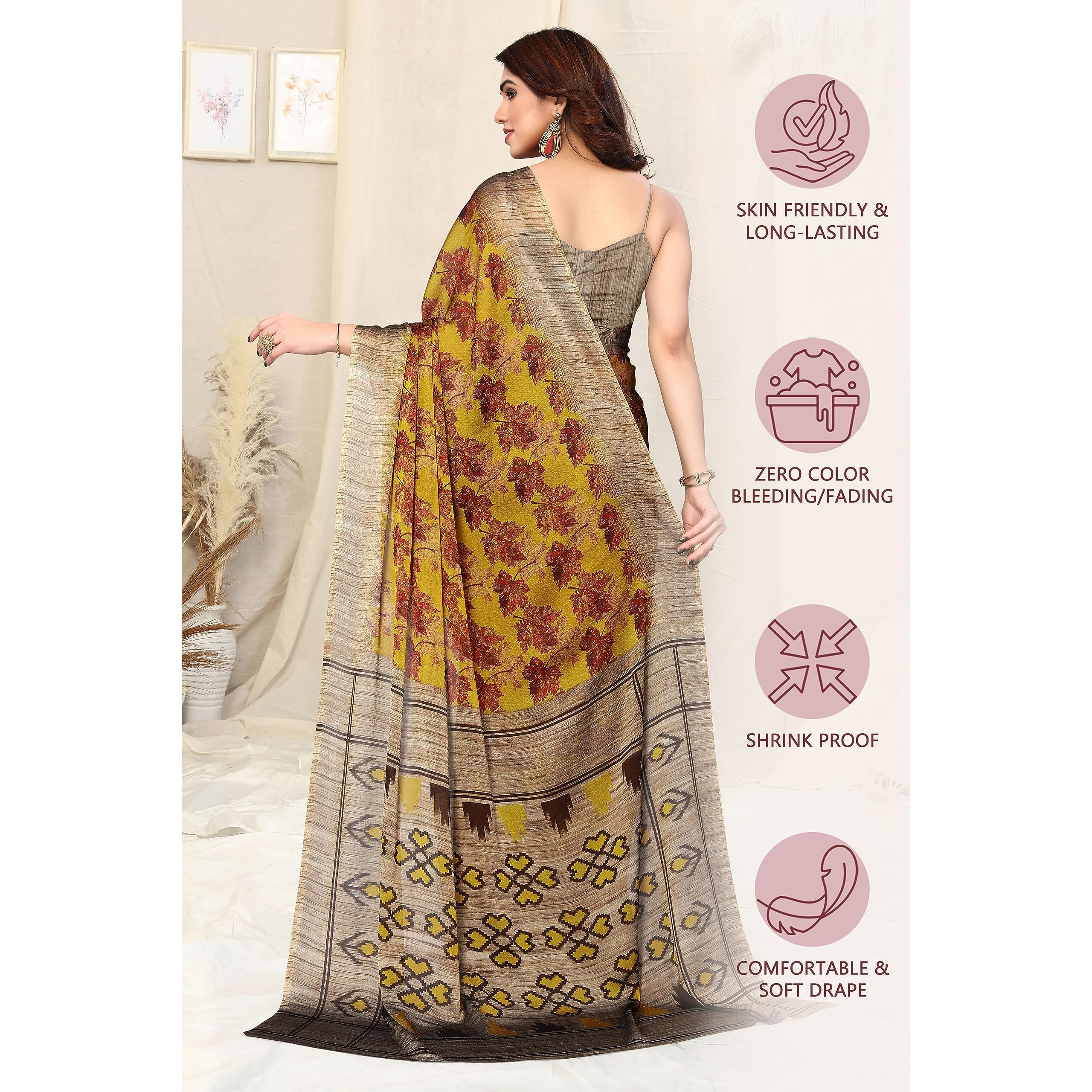 MIRCHI FASHION Womens Plain Weave Chiffon Ikkat Leaf Print Saree with Blouse Piece (38241-Mustard, Rust)