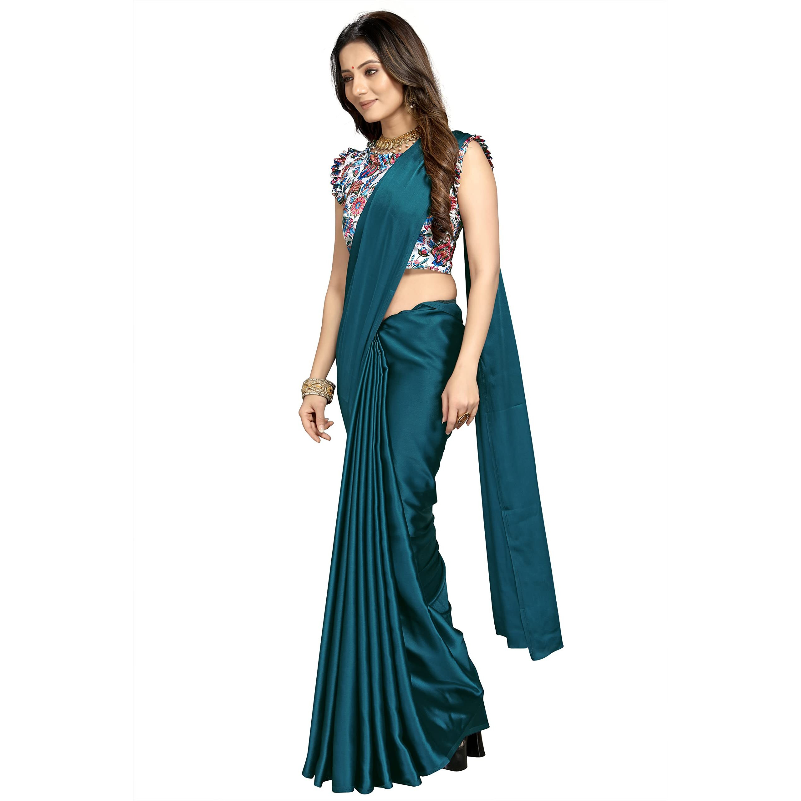 Cloud walker Womens Soft Satin Silk Saree & Digital Printed Blouse Set (5.5m Saree + 0.8m Blouse Piece) - Prussian Blue