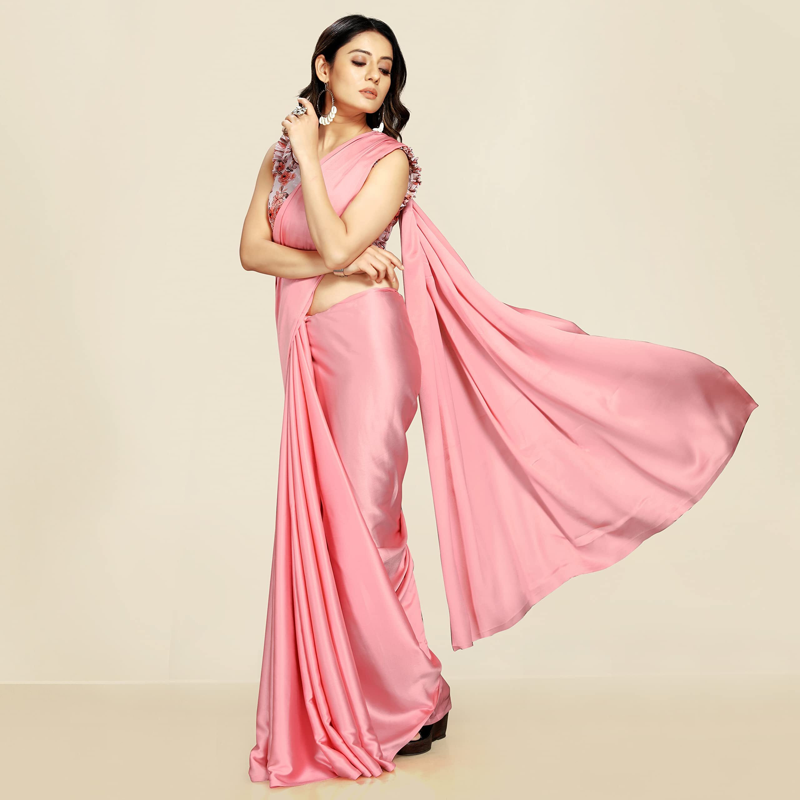 ANANT DESIGNER STUDIO Womens Satin Silk Plain Saree with Designer Blouse Piece Digital Printed (BabyPink)