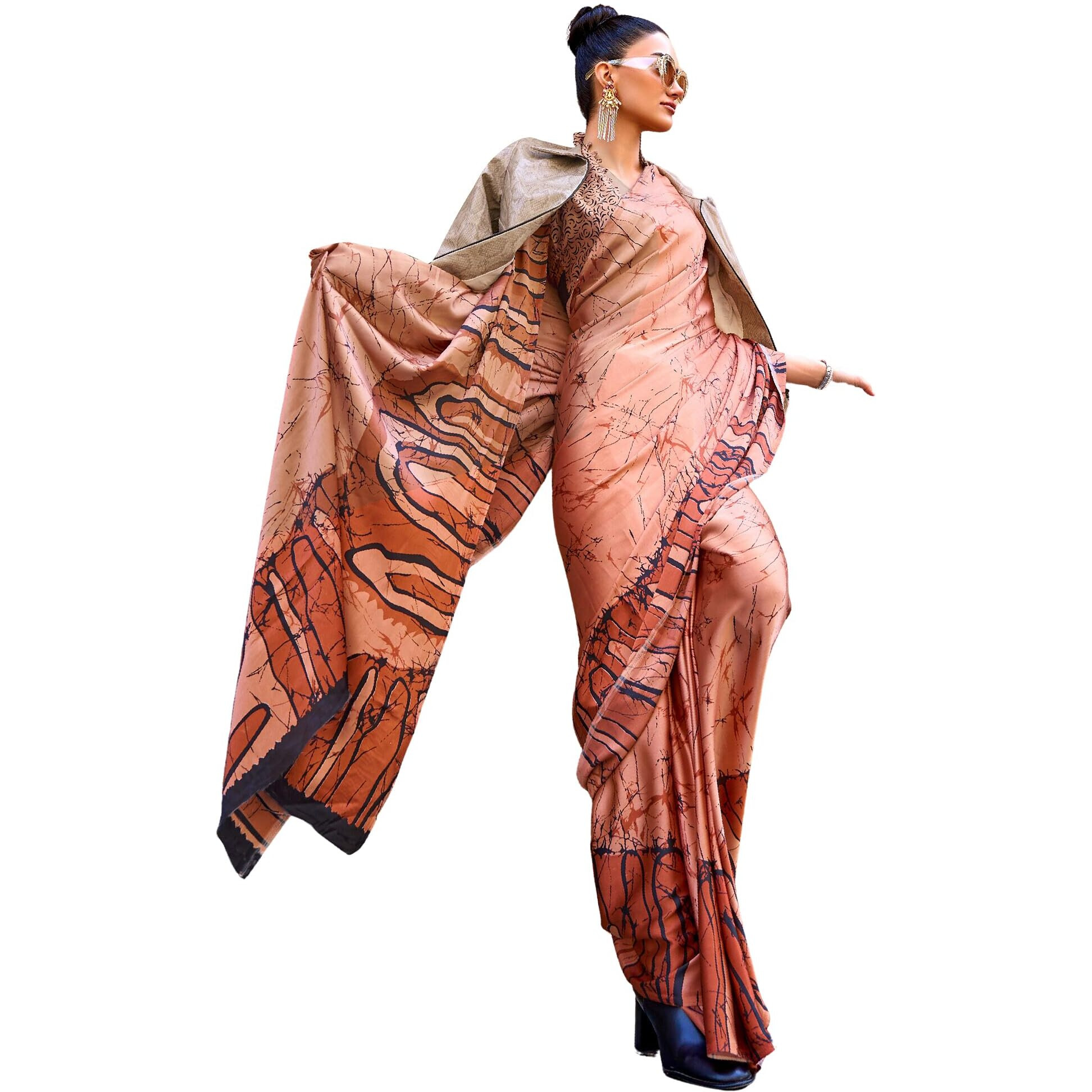 AKHILAM Womens Crepe Digital Print Designer Saree With Unstitched Blouse Piece (Brown_KUBIK324007_RJ)