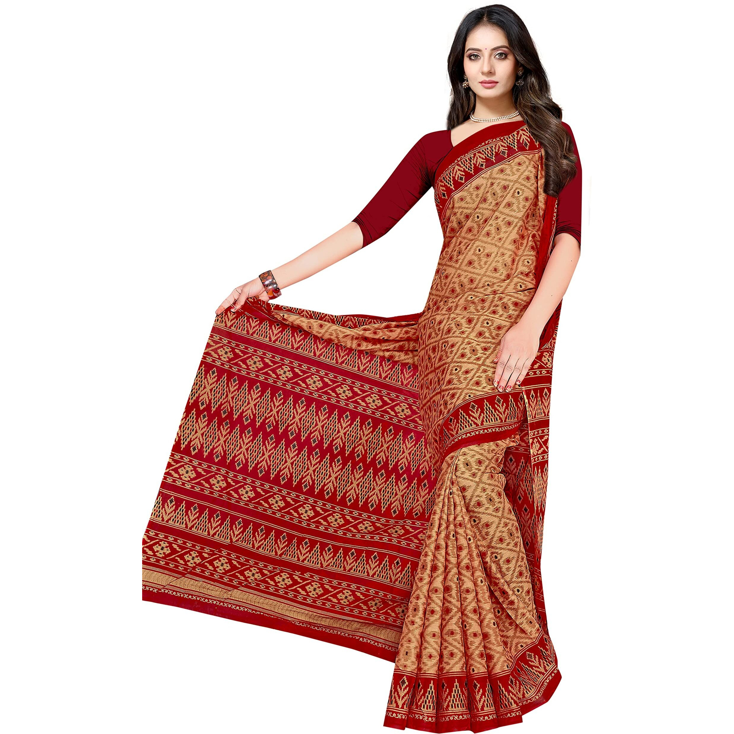 TAMAIRA FASHION Womens Plain Weave Pure Cotton Saree Without Blouse Piece(1362_BeigeandRed)