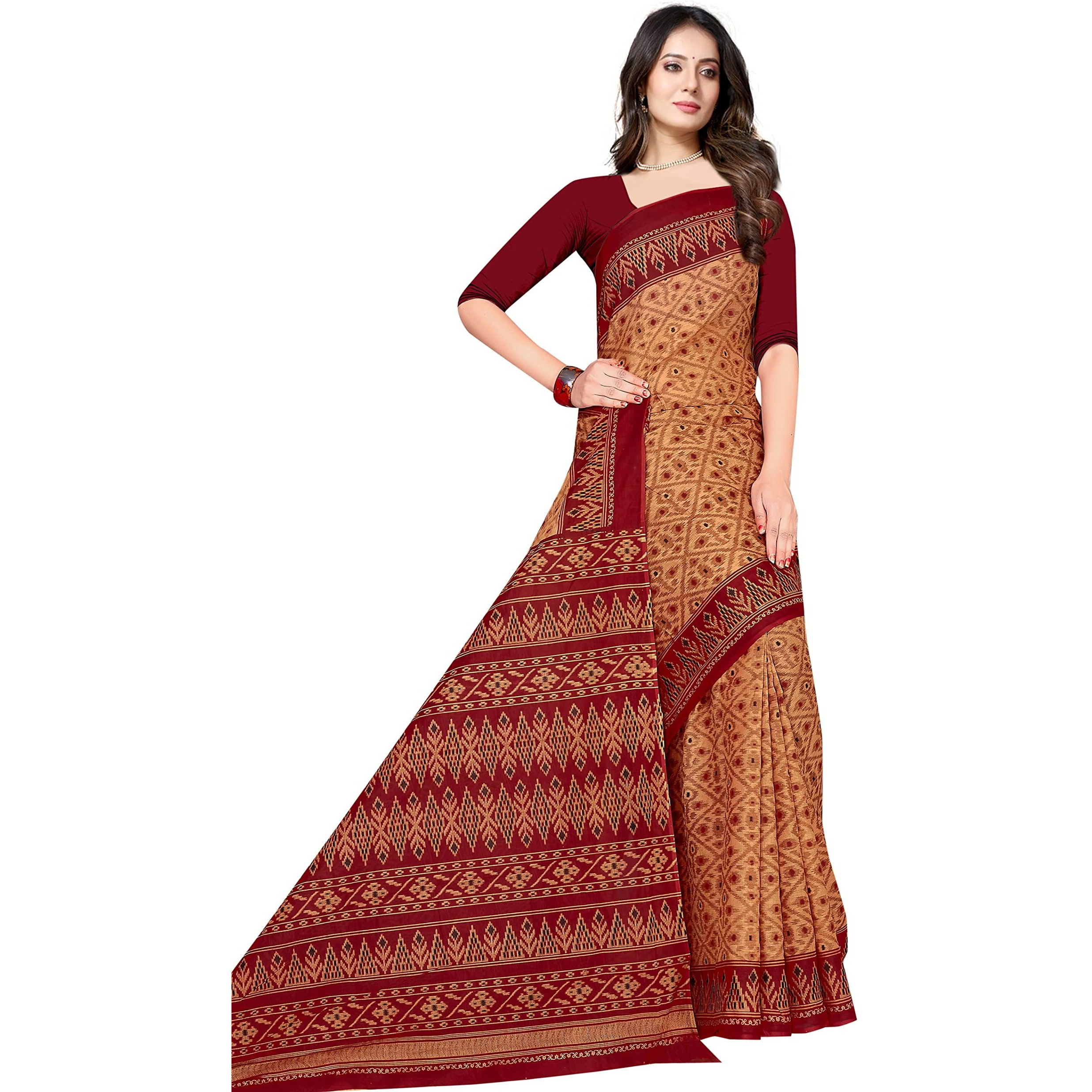 TAMAIRA FASHION Womens Plain Weave Pure Cotton Saree Without Blouse Piece(1362_BeigeandRed)