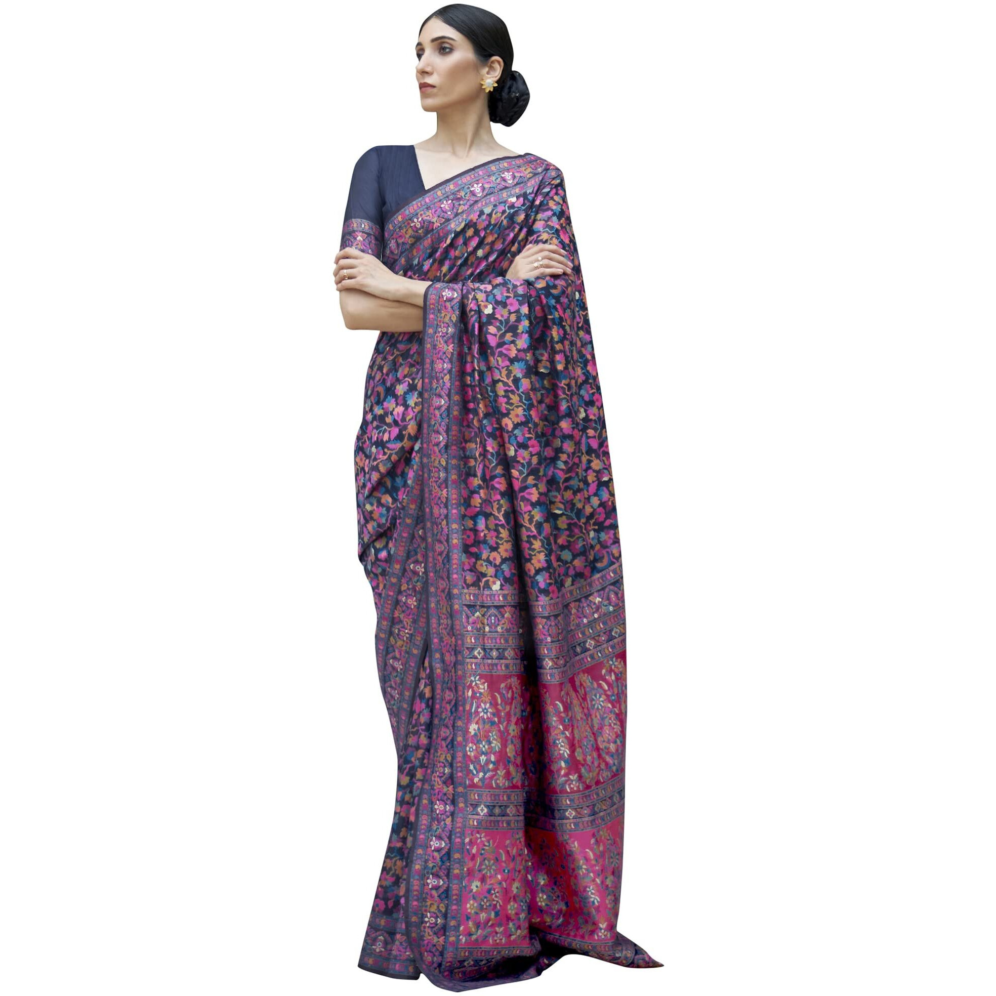 AKHILAM Womens Phulkari Silk Blend Floral Woven Saree With Unstitched Blouse Piece (Navy Blue_KSHFA201004_R)
