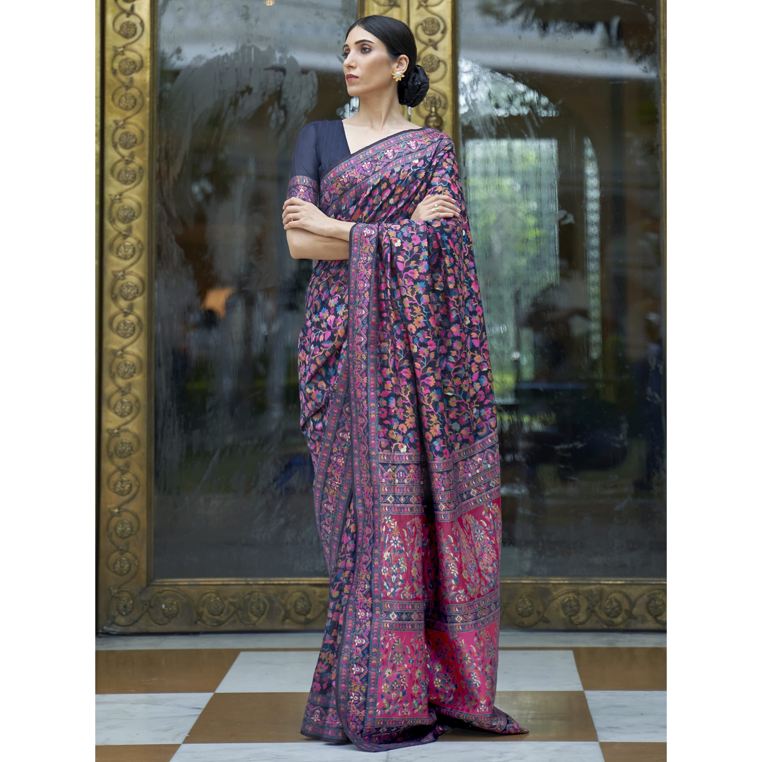 AKHILAM Womens Phulkari Silk Blend Floral Woven Saree With Unstitched Blouse Piece (Navy Blue_KSHFA201004_R)