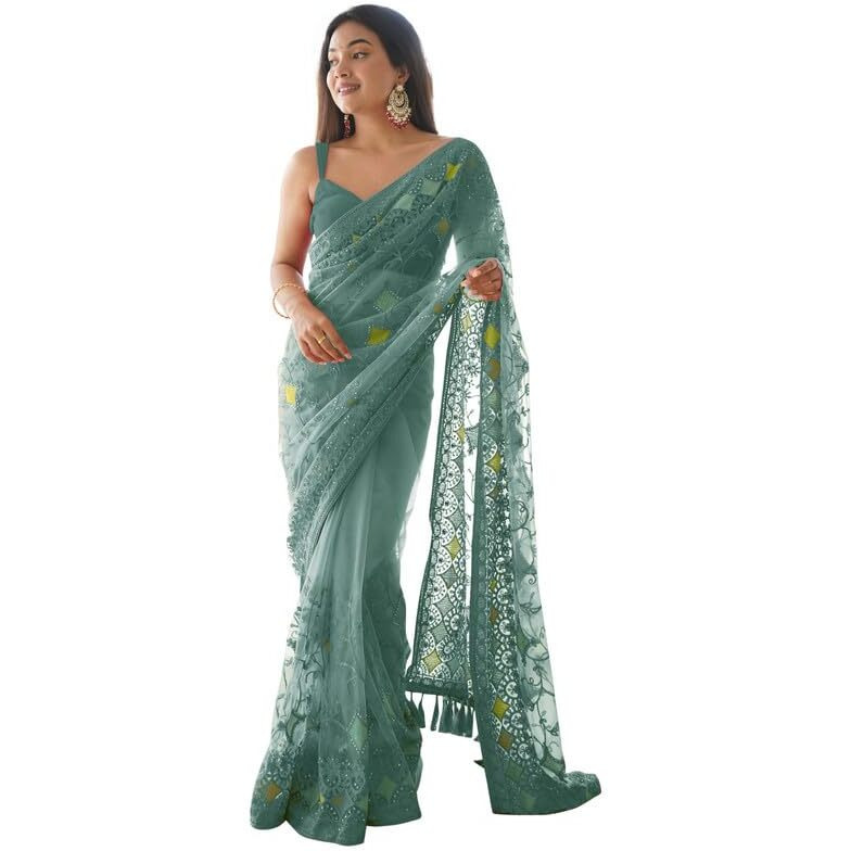 SAREE MALL Womens Net Embroidered Embellished Saree With Unstitched Blouse Piece(Teal green_AAVYA704_SM)