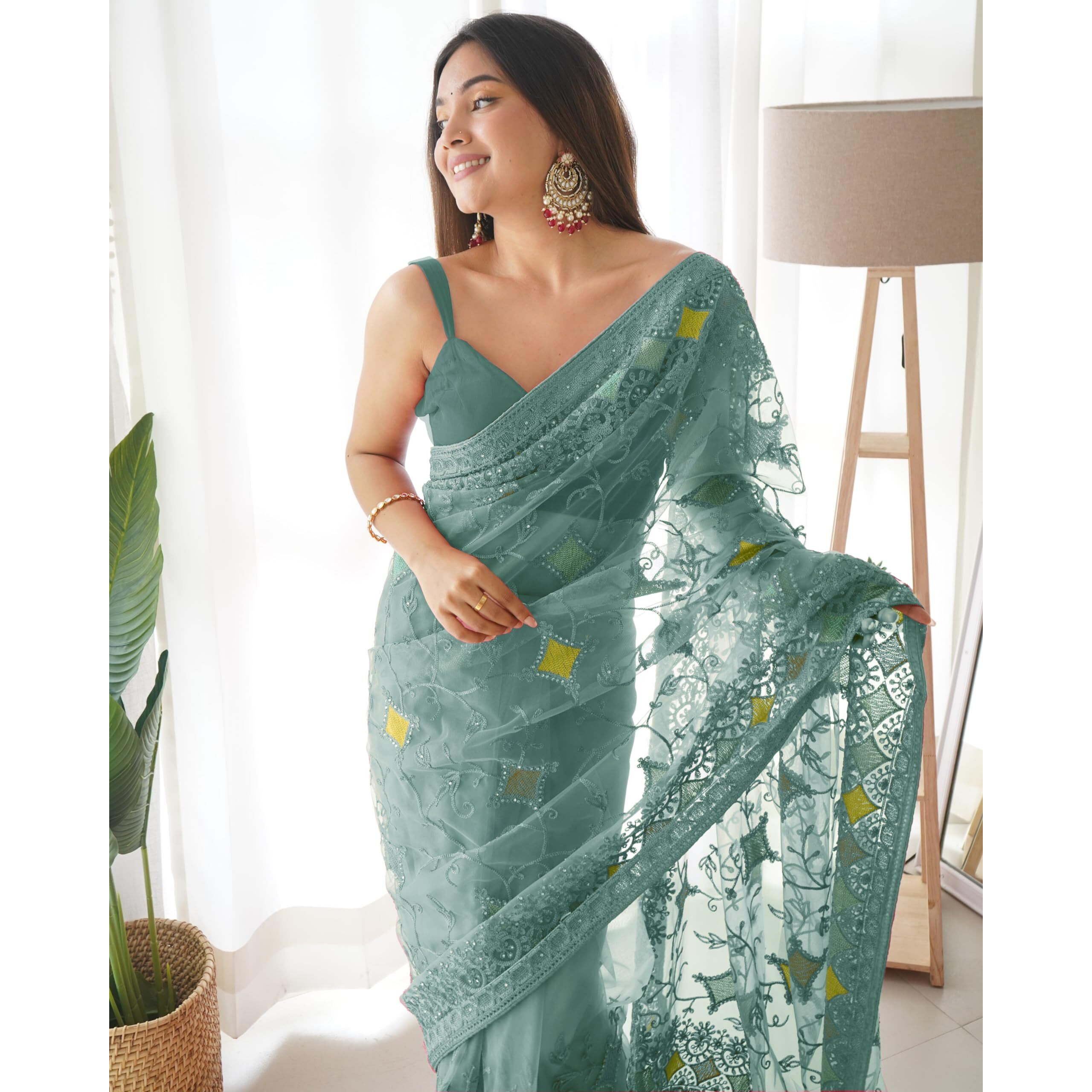 SAREE MALL Womens Net Embroidered Embellished Saree With Unstitched Blouse Piece(Teal green_AAVYA704_SM)