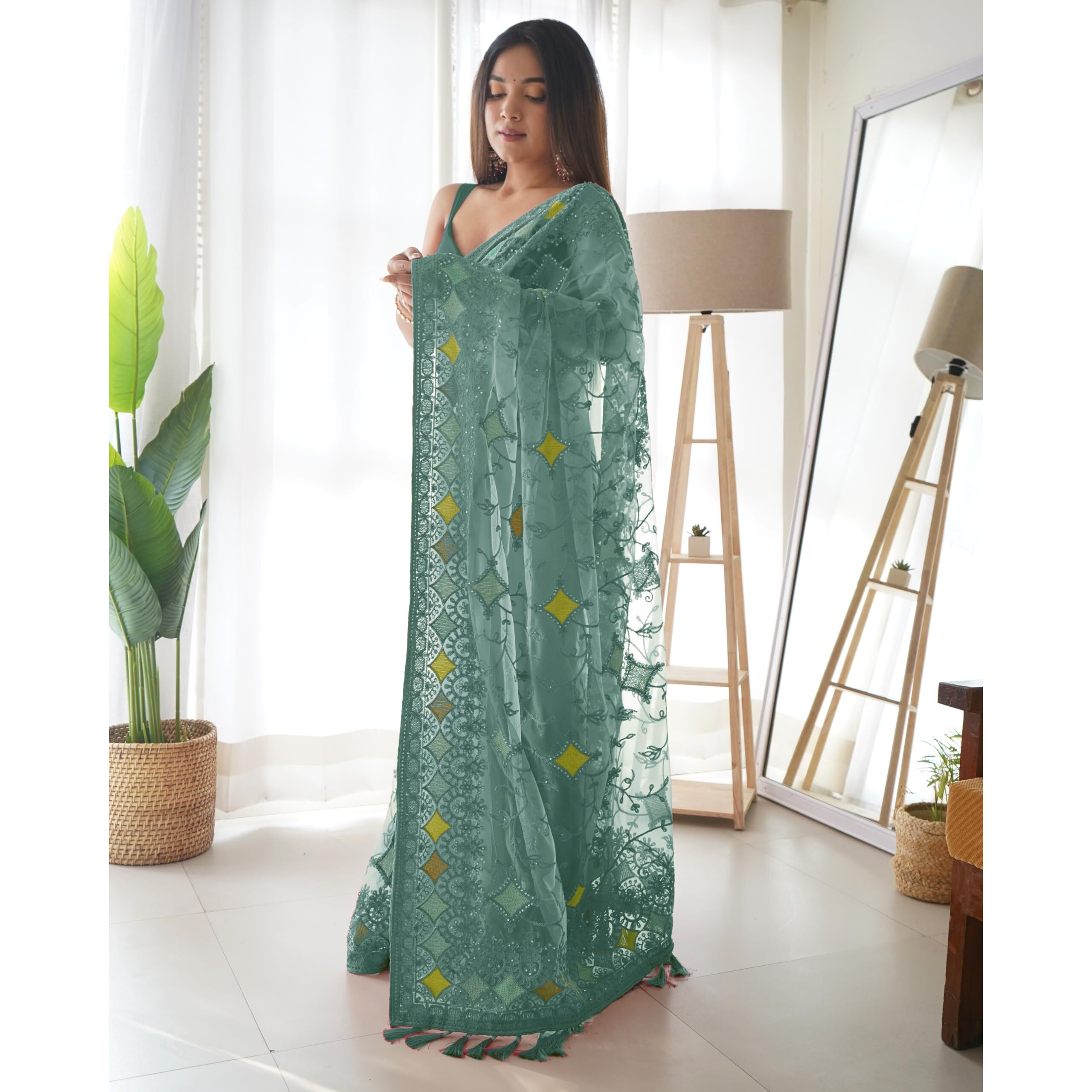 SAREE MALL Womens Net Embroidered Embellished Saree With Unstitched Blouse Piece(Teal green_AAVYA704_SM)